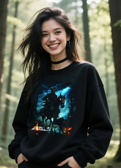 Ghost Rider Sweatshirt, Black Wolf Graphic, Skeletal Cowboy Unisex Sweatshirt