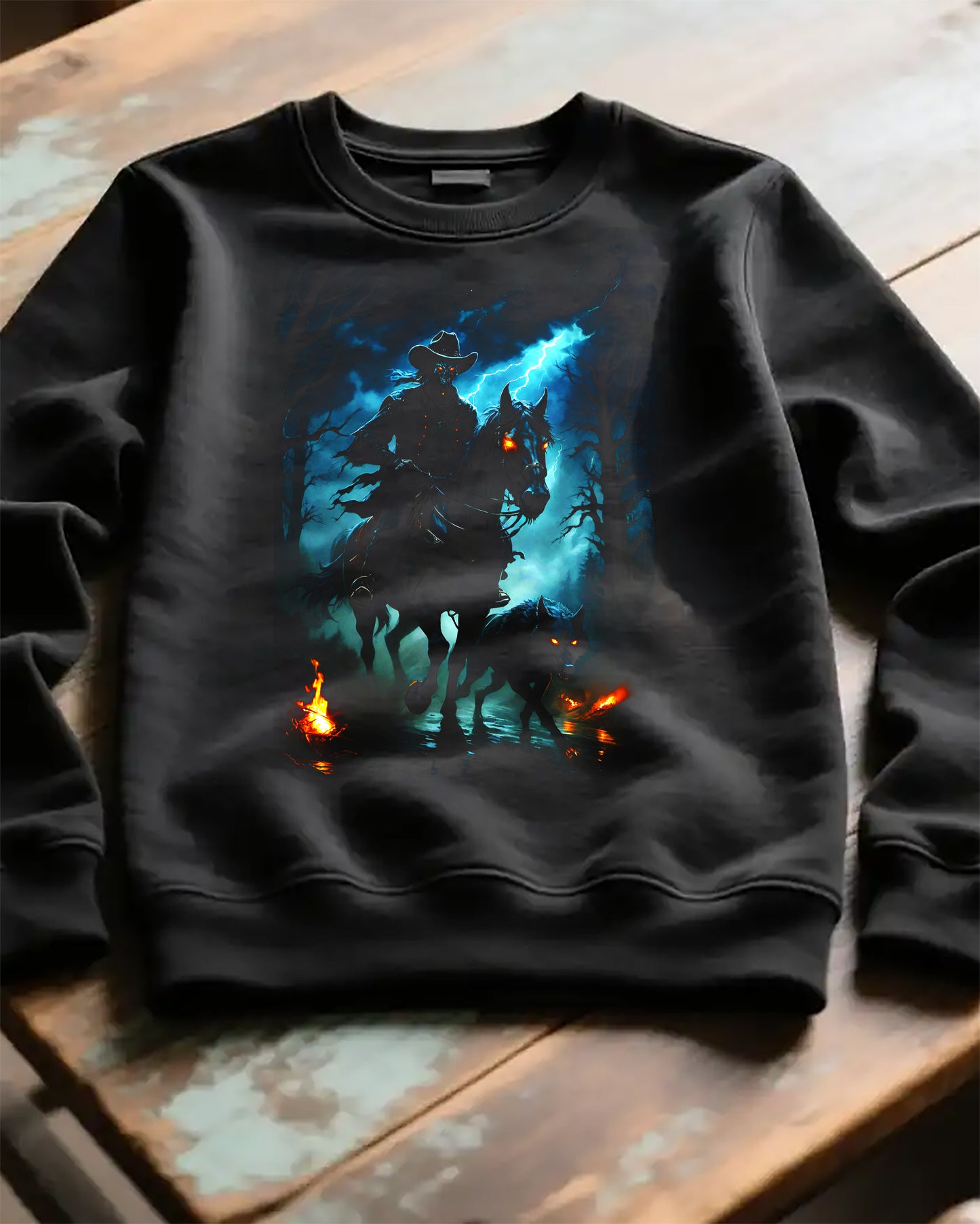 Ghost Rider Sweatshirt, Black Wolf Graphic, Skeletal Cowboy Unisex Sweatshirt