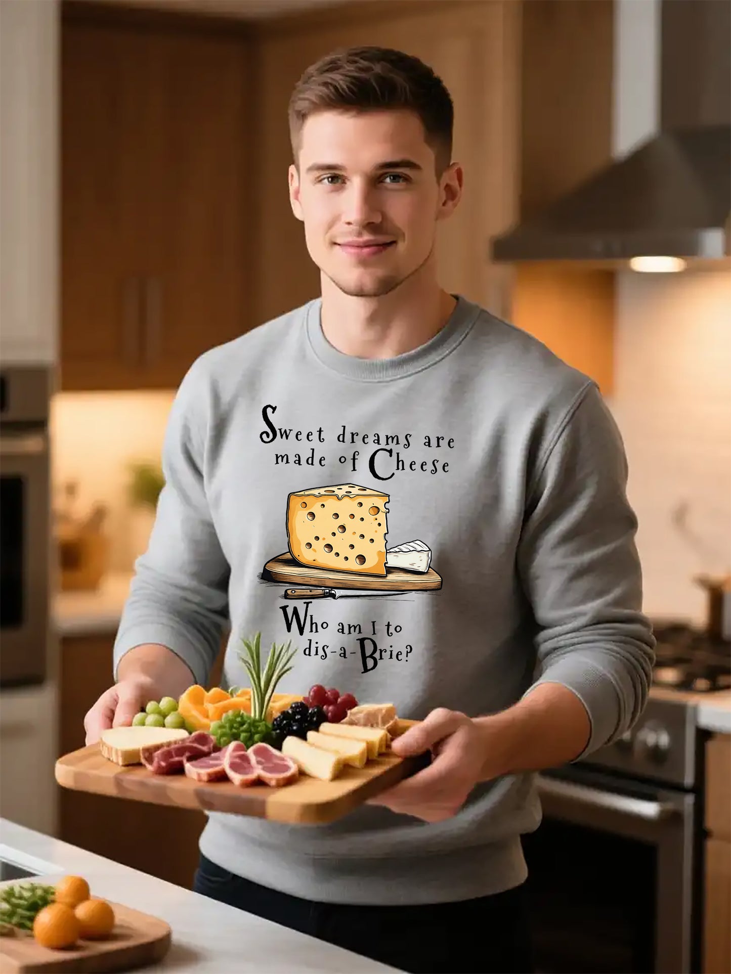 Cheese Pun Crewneck Sweatshirt — "Sweet Dreams Are Made of Cheese" Funny Brie Graphic | Cheese Lovers Cotton Sweatshirt