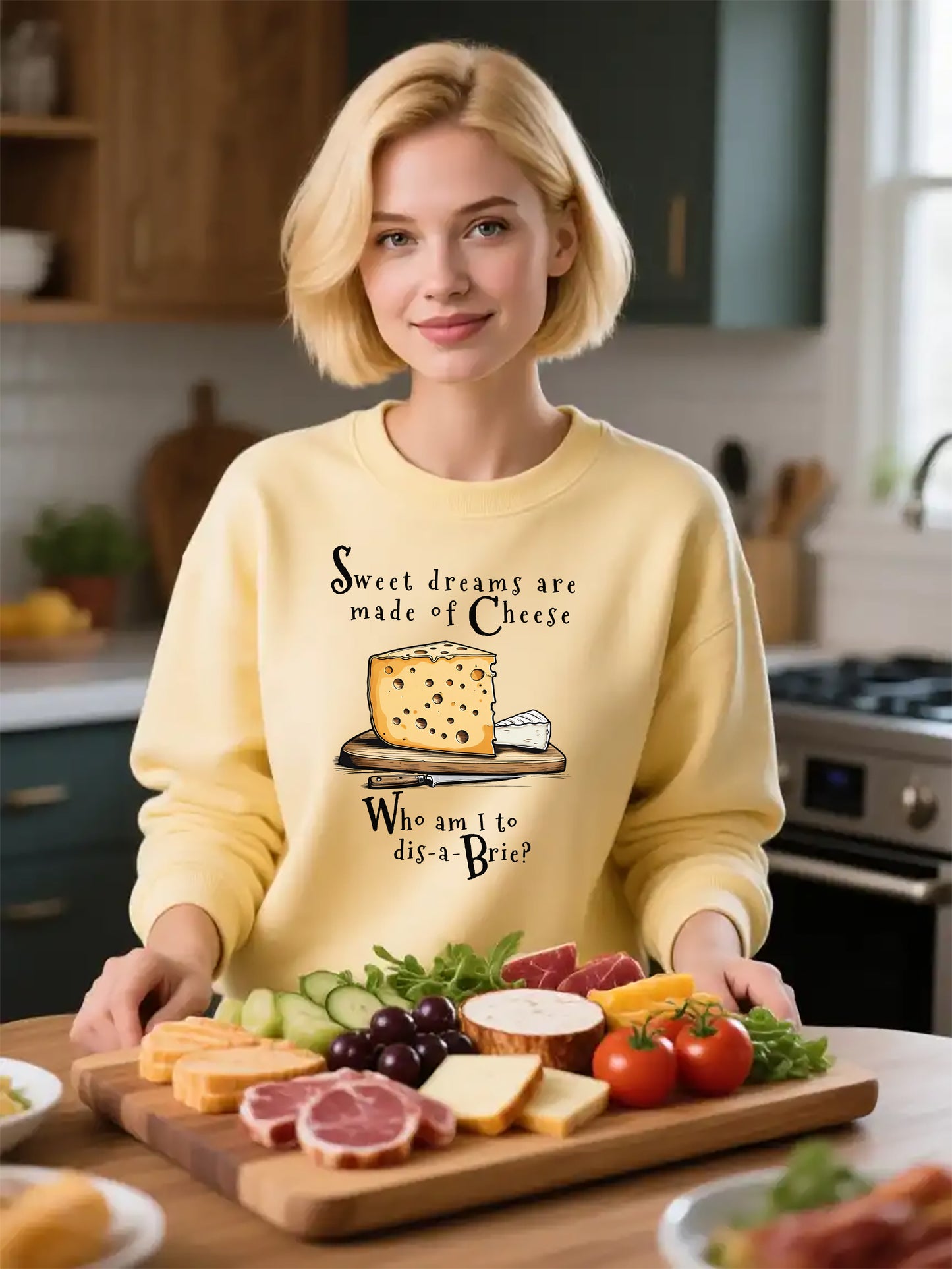 Cheese Pun Crewneck Sweatshirt — "Sweet Dreams Are Made of Cheese" Funny Brie Graphic | Cheese Lovers Cotton Sweatshirt