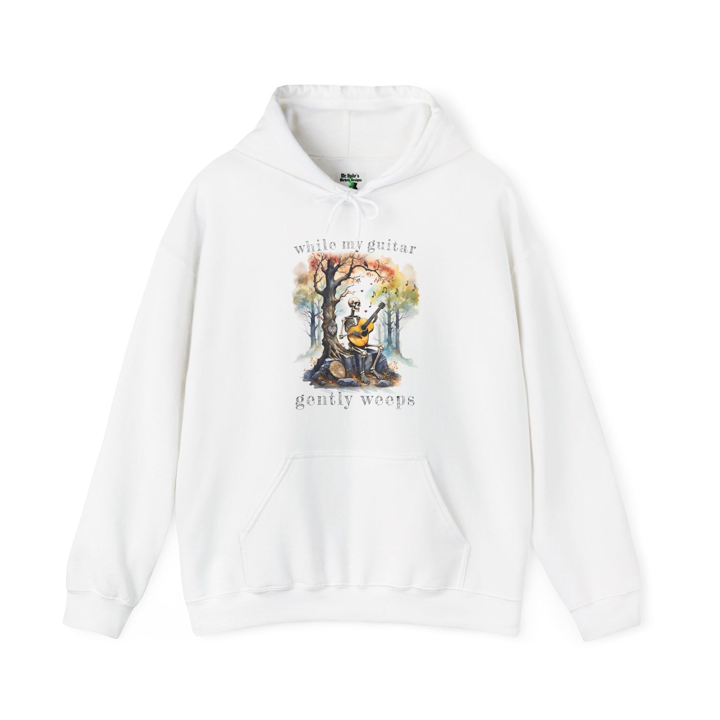 This gothic skeleton hoodies featuring a grisly guitarist jamming on an acoustic guitar in a haunting watercolor forest is a stunning tongue-in-cheek homage to the Beatles music. This stylish hoodie looks great in white on this Gildan unisex heavy cotton hooded sweatshirt