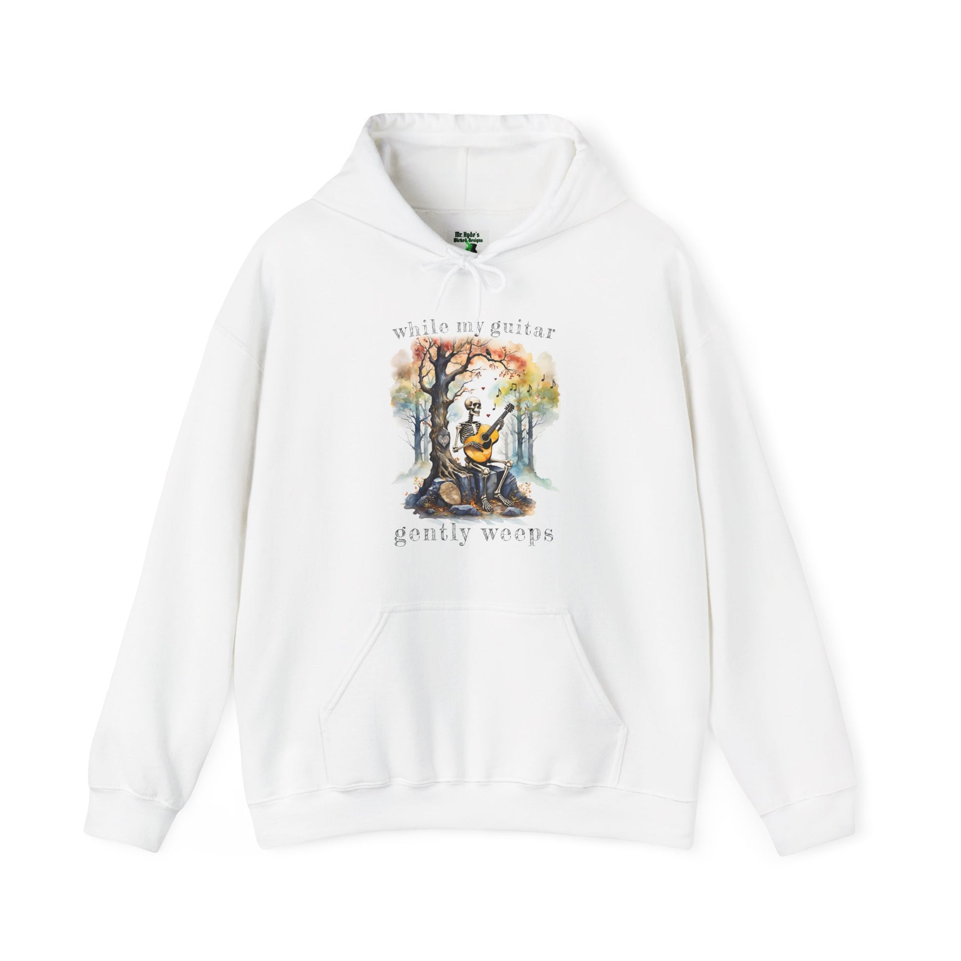 This gothic skeleton hoodies featuring a grisly guitarist jamming on an acoustic guitar in a haunting watercolor forest is a stunning tongue-in-cheek homage to the Beatles music. This stylish hoodie looks great in white on this Gildan unisex heavy cotton hooded sweatshirt