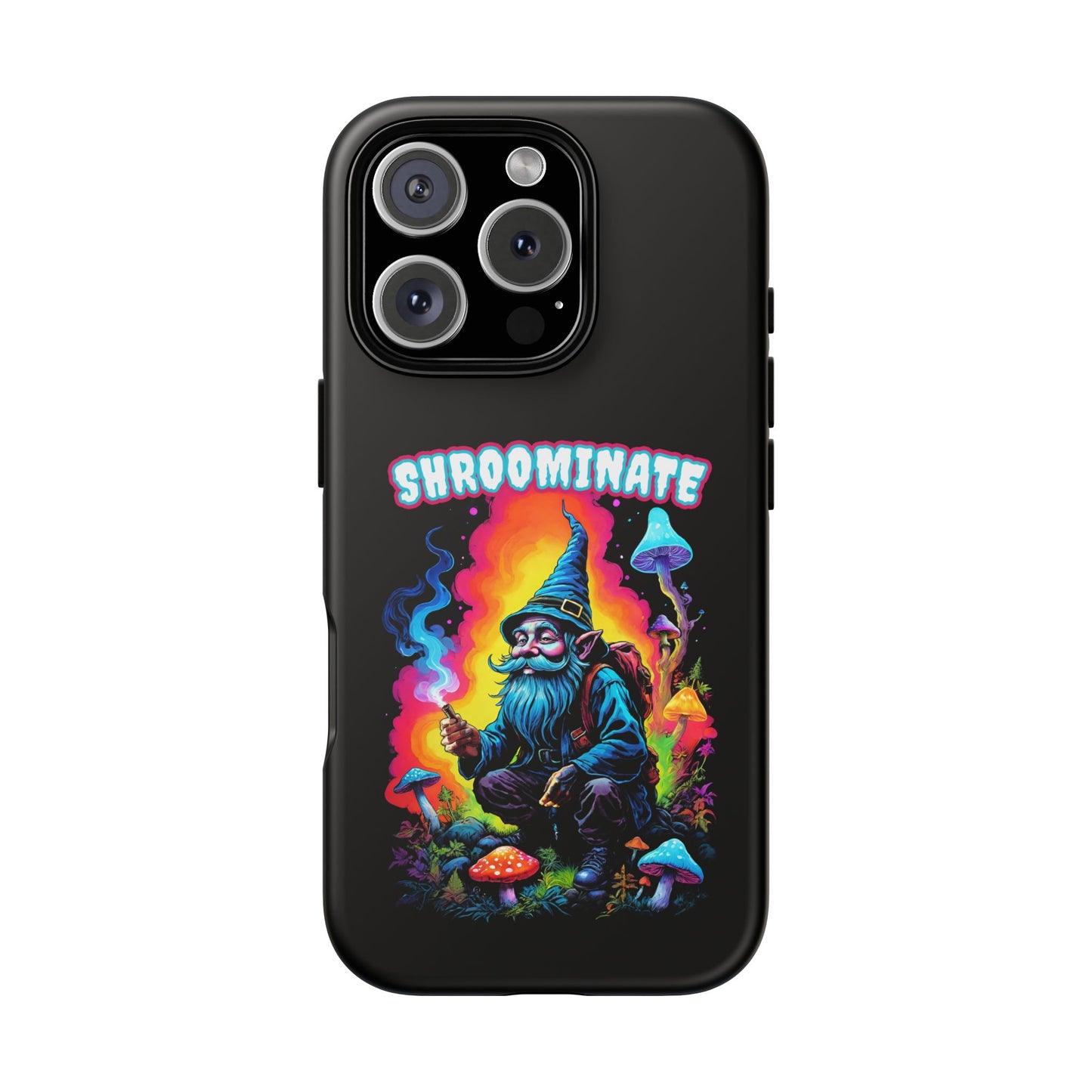 Trippy Neon Gnome Rugged Cell Phone case, 'Shroominate' Graphic design, Fantasy Cell Phone Case, Quirky Mushroom Design, Rugged Tough Cases