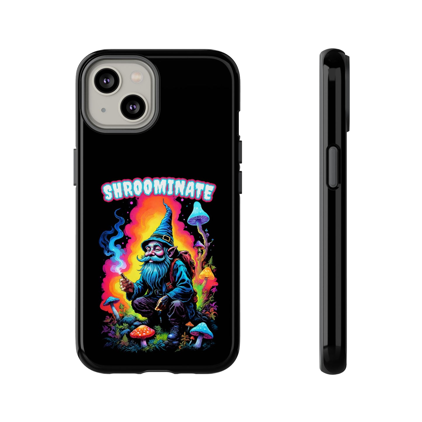 Trippy Neon Gnome Rugged Cell Phone case, 'Shroominate' Graphic design, Fantasy Cell Phone Case, Quirky Mushroom Design, Rugged Tough Cases