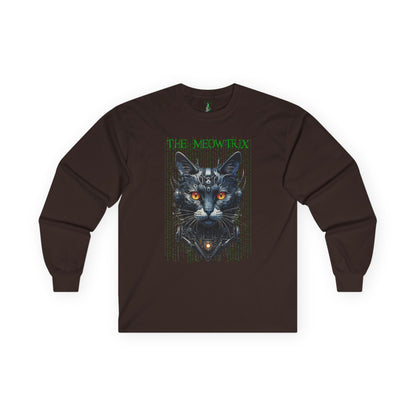 Matrix Cat Parody Tee, Funny Meowtrix Movie T-Shirt for Cat Lovers, Unisex Cotton Long Sleeve Shirt, Humorous Gift for Matrix Fans, Casual