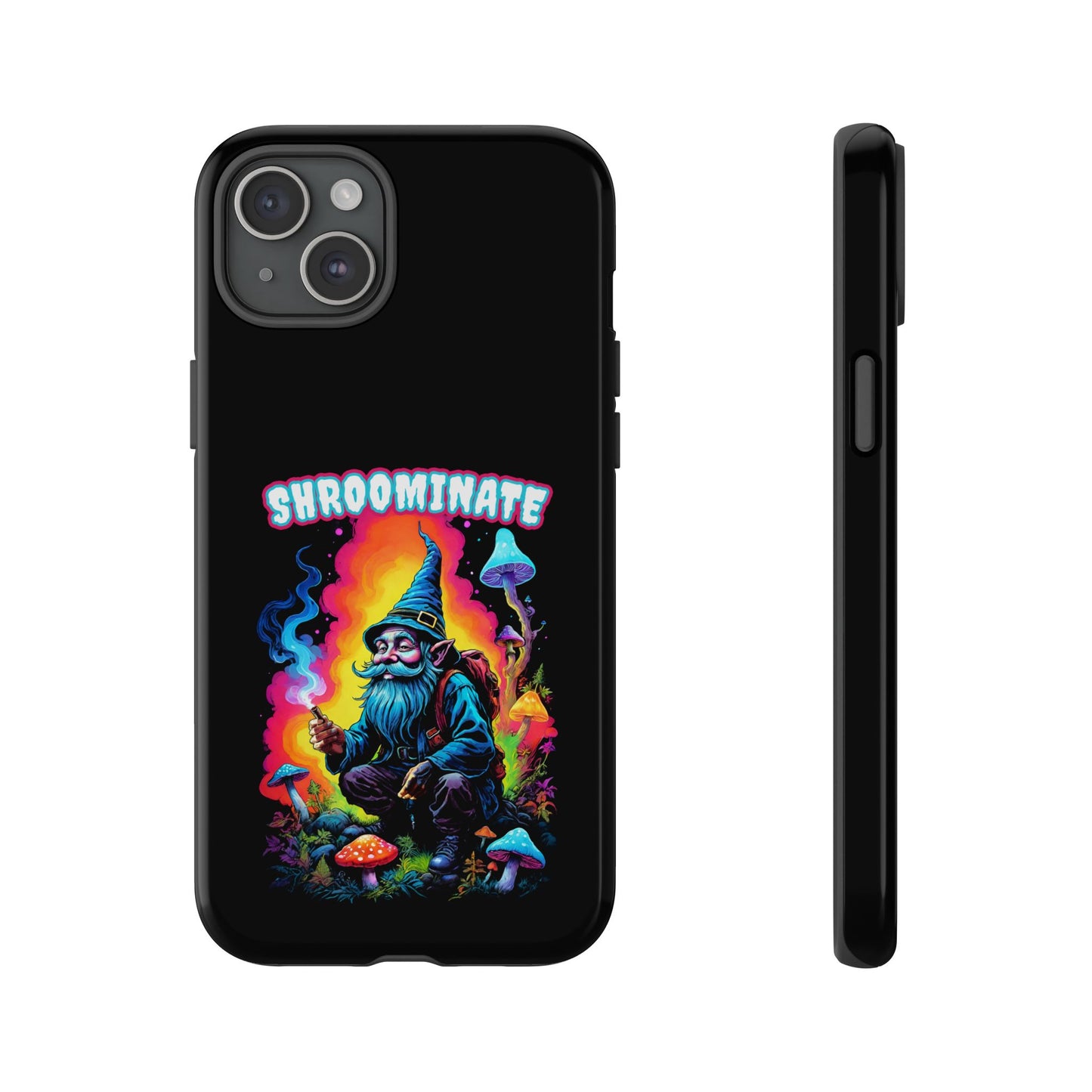 Trippy Neon Gnome Rugged Cell Phone case, 'Shroominate' Graphic design, Fantasy Cell Phone Case, Quirky Mushroom Design, Rugged Tough Cases