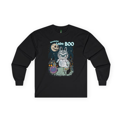 Labu Boo Unisex Tee, Halloween Cartoon Style Shirt, Spooky Labubu Artwork, Vintage Ghost Graphic Shirt, Unique Costume Tee, Quirky Long