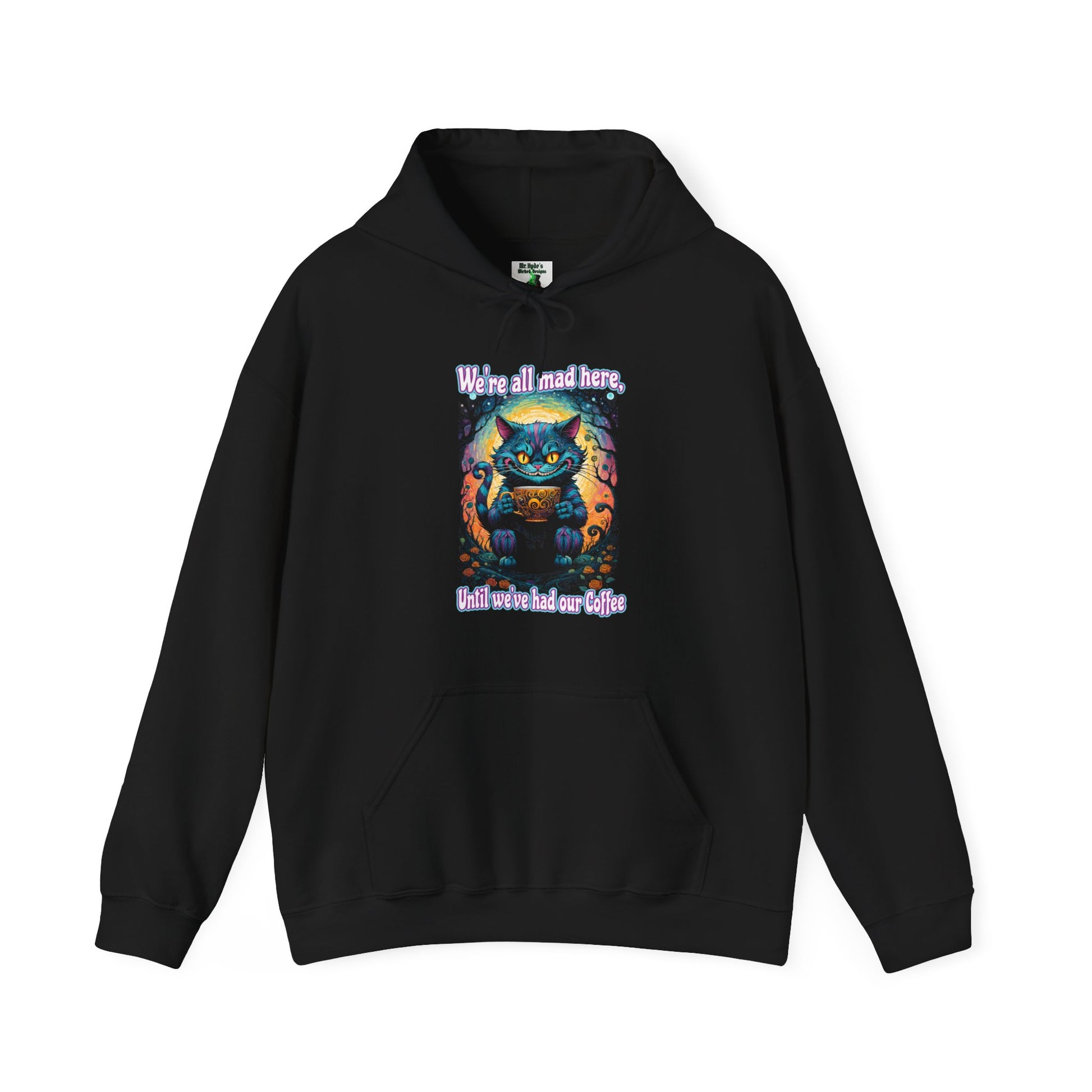 This colorful Cheshire Cat Hoodie looks awesome on black. This Unisex Hoodie is a black half-tone. The black ink is negative space letting the fabric shine through. Get this enchanting Cheshire Cat Unisex Cotton Hoodie.