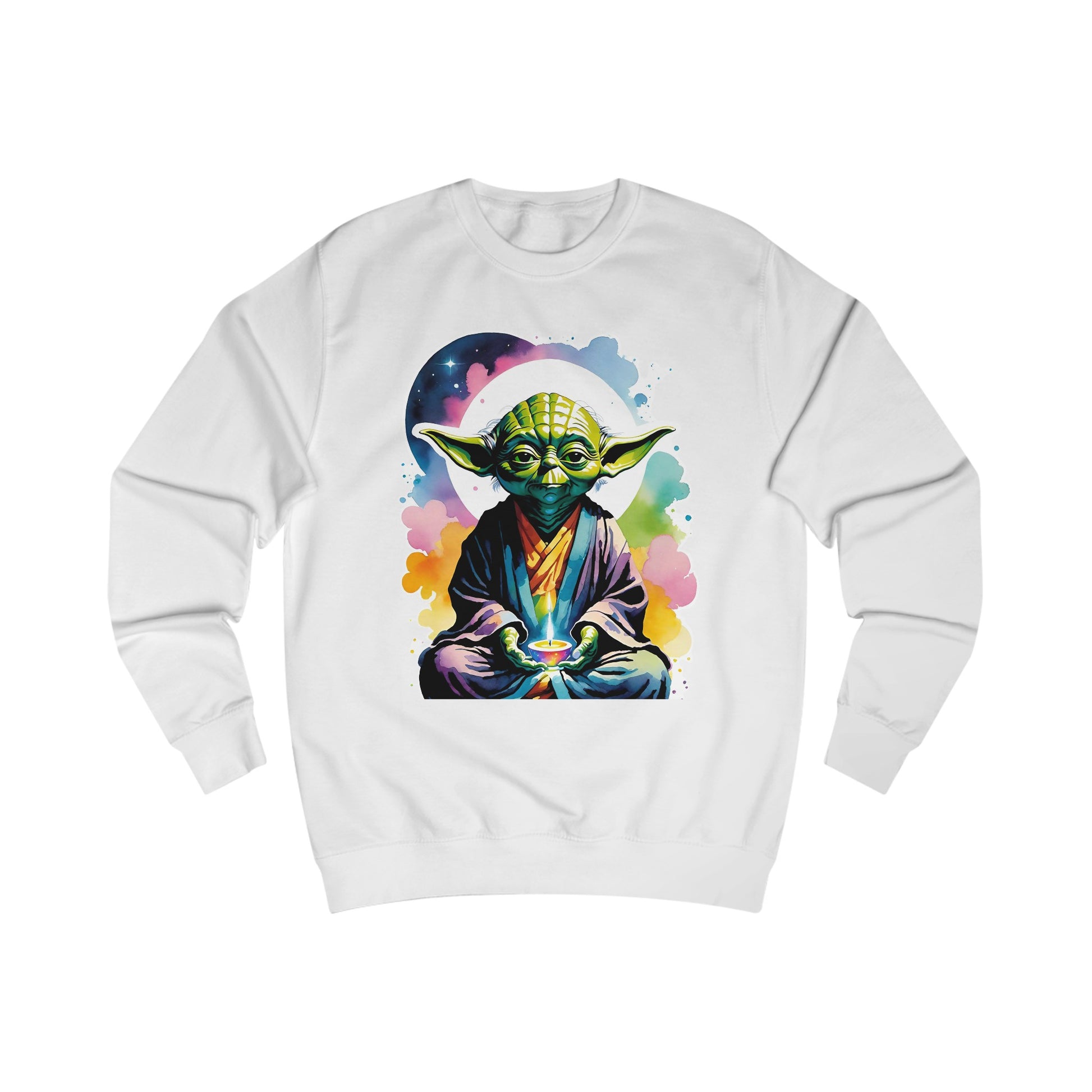 This groovy Yoda sweatshirt with a watercolor design. Featuring Yoda arguably the most famous Jedi Master in the Star Wars franchise doing Yoga. This colorful Star Wars inspired white sweatshirt is a must have for any true Star Wars fans.