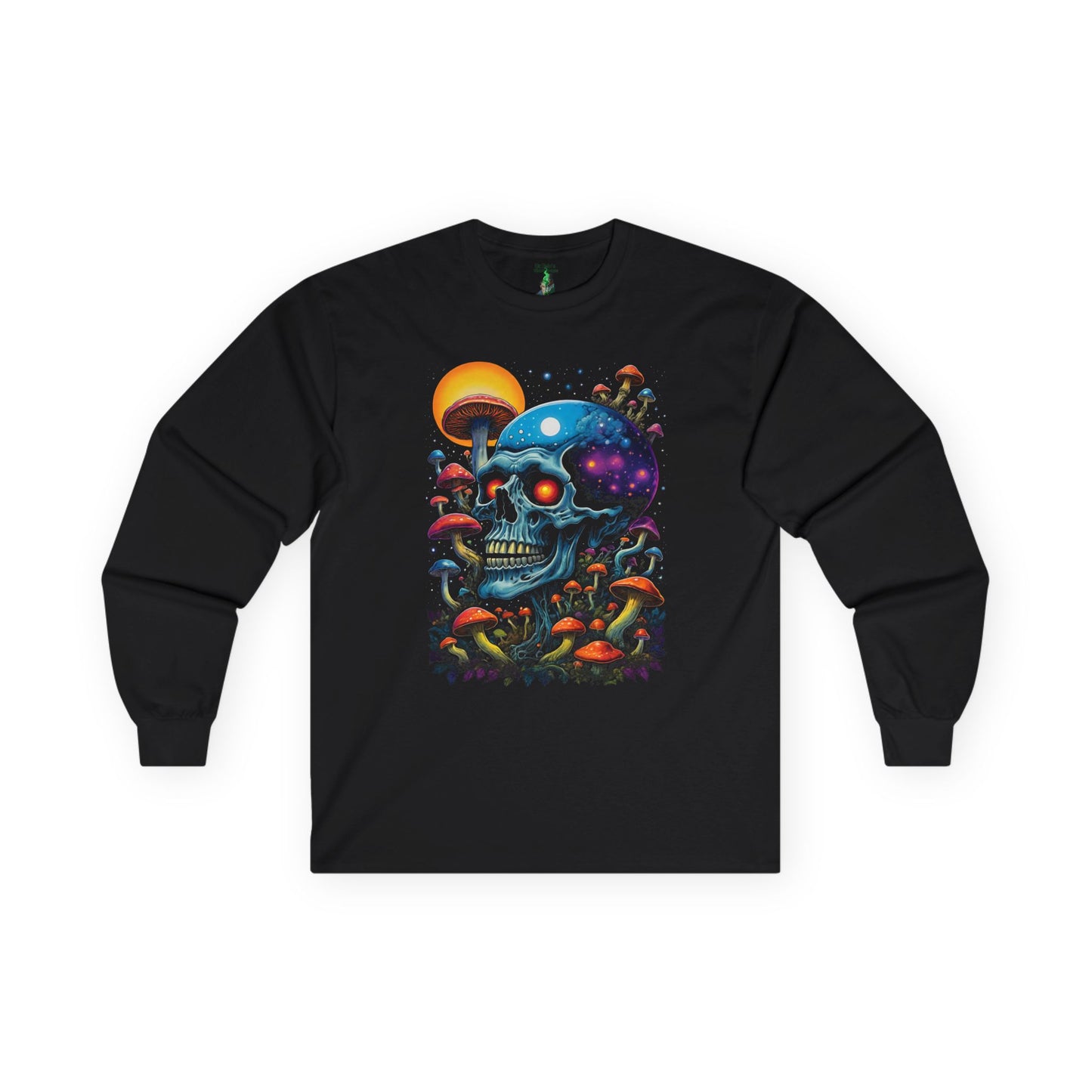 Cosmic Skull Long Sleeve Tee, Psychedelic Shirt, Magic Mushroom Art Tee, Unisex Graphic Tee, Halloween Gift, Festival Wear