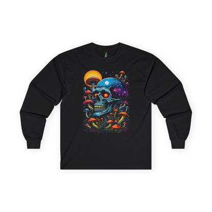 Cosmic Skull Long Sleeve Tee, Psychedelic Shirt, Magic Mushroom Art Tee, Unisex Graphic Tee, Halloween Gift, Festival Wear