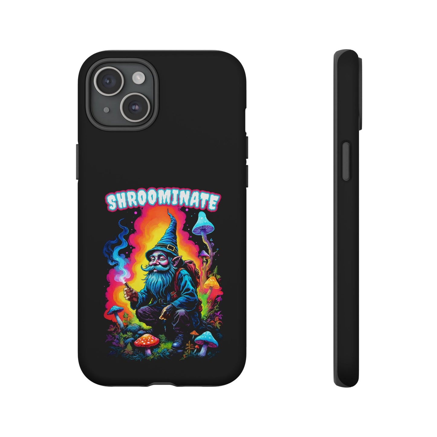 Trippy Neon Gnome Rugged Cell Phone case, 'Shroominate' Graphic design, Fantasy Cell Phone Case, Quirky Mushroom Design, Rugged Tough Cases