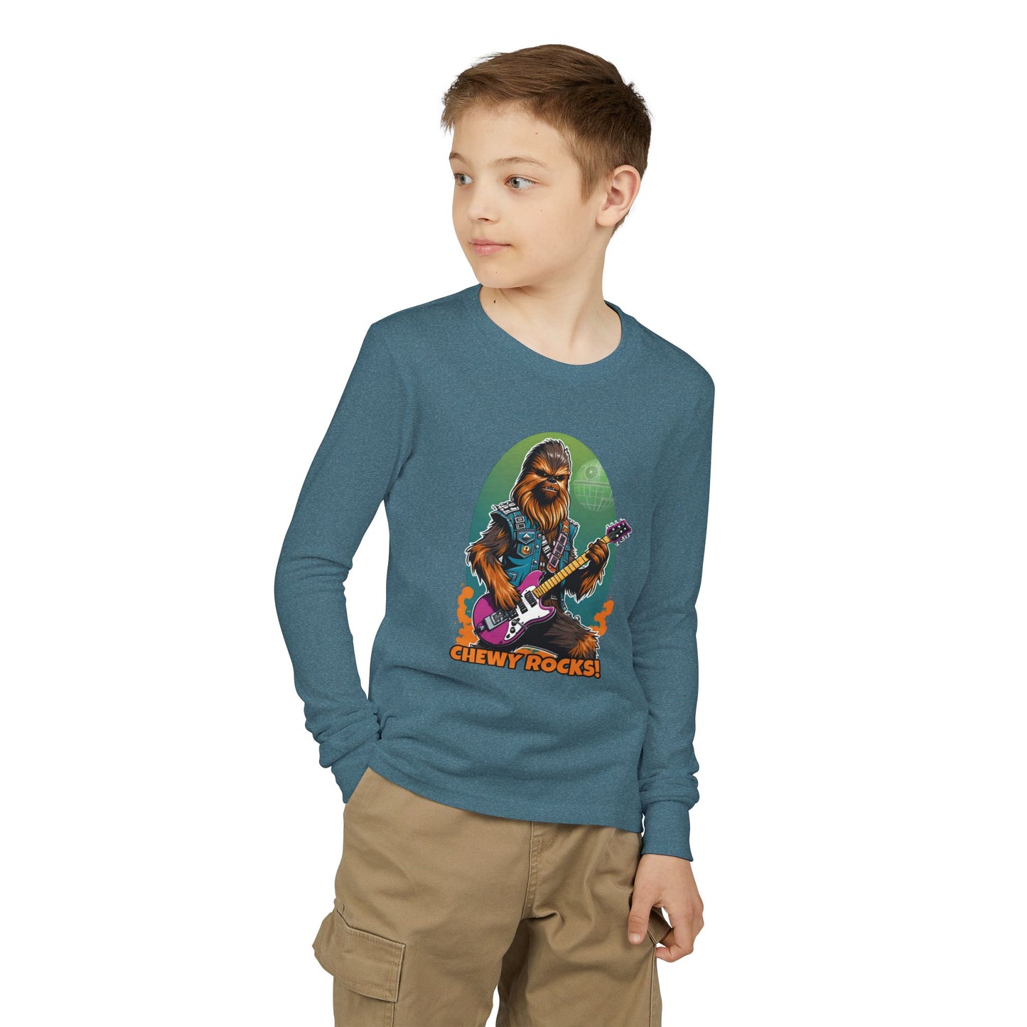 Chewy Rocks Youth Long Sleeve Tee — 'Chewy Rocks!' Guitar Wookie Graphic