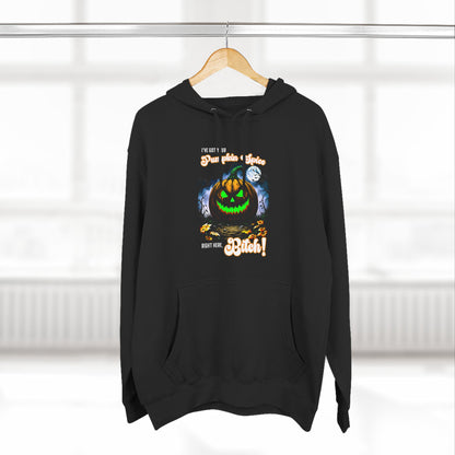 Halloween Three-Panel Fleece Hoodie, Spooky Jack-O'-Lantern & Pumpkin Spice, Festive Fall Apparel, Funny Unisex Sweatshirt, Cozy Seasonal