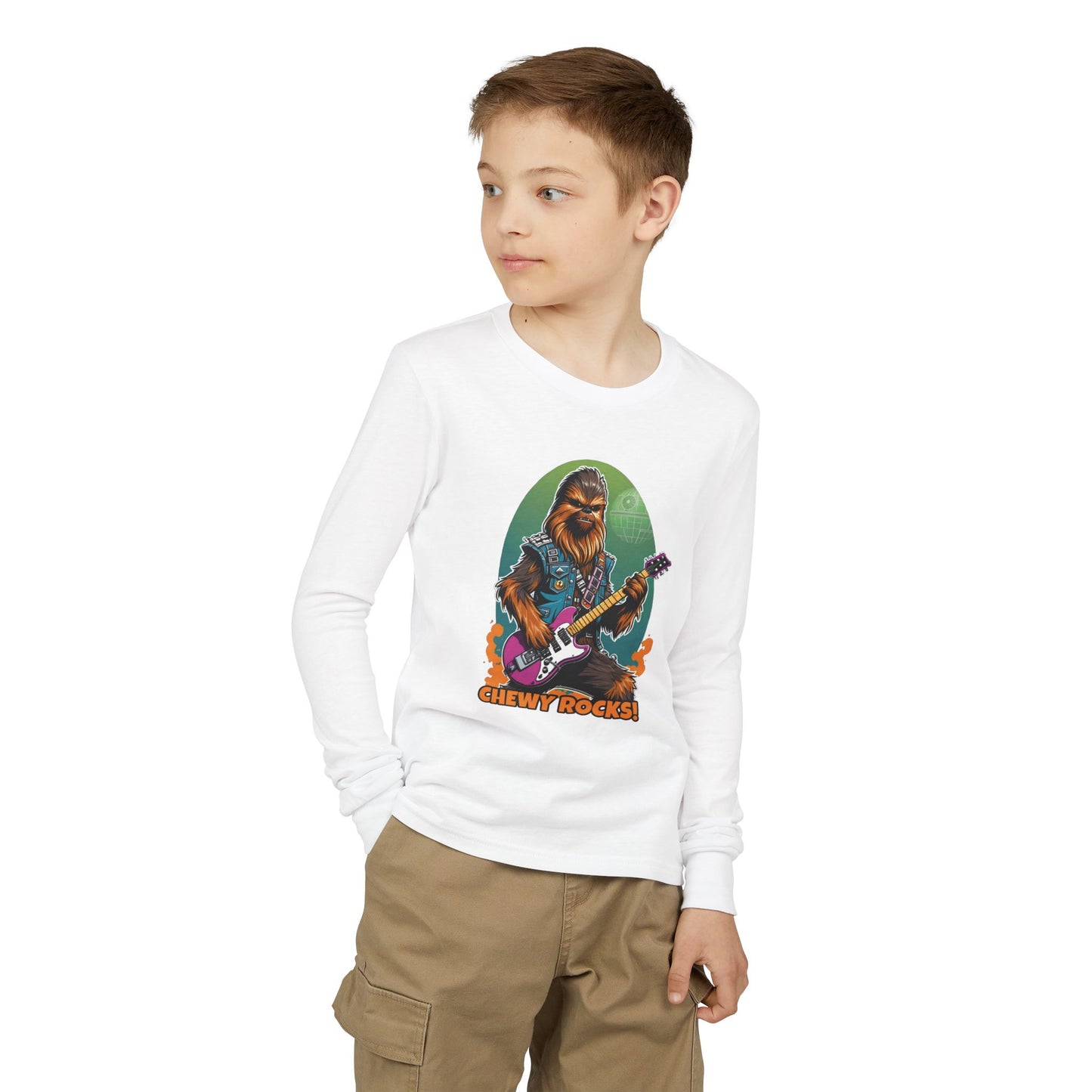 Chewy Rocks Youth Long Sleeve Tee — 'Chewy Rocks!' Guitar Wookie Graphic