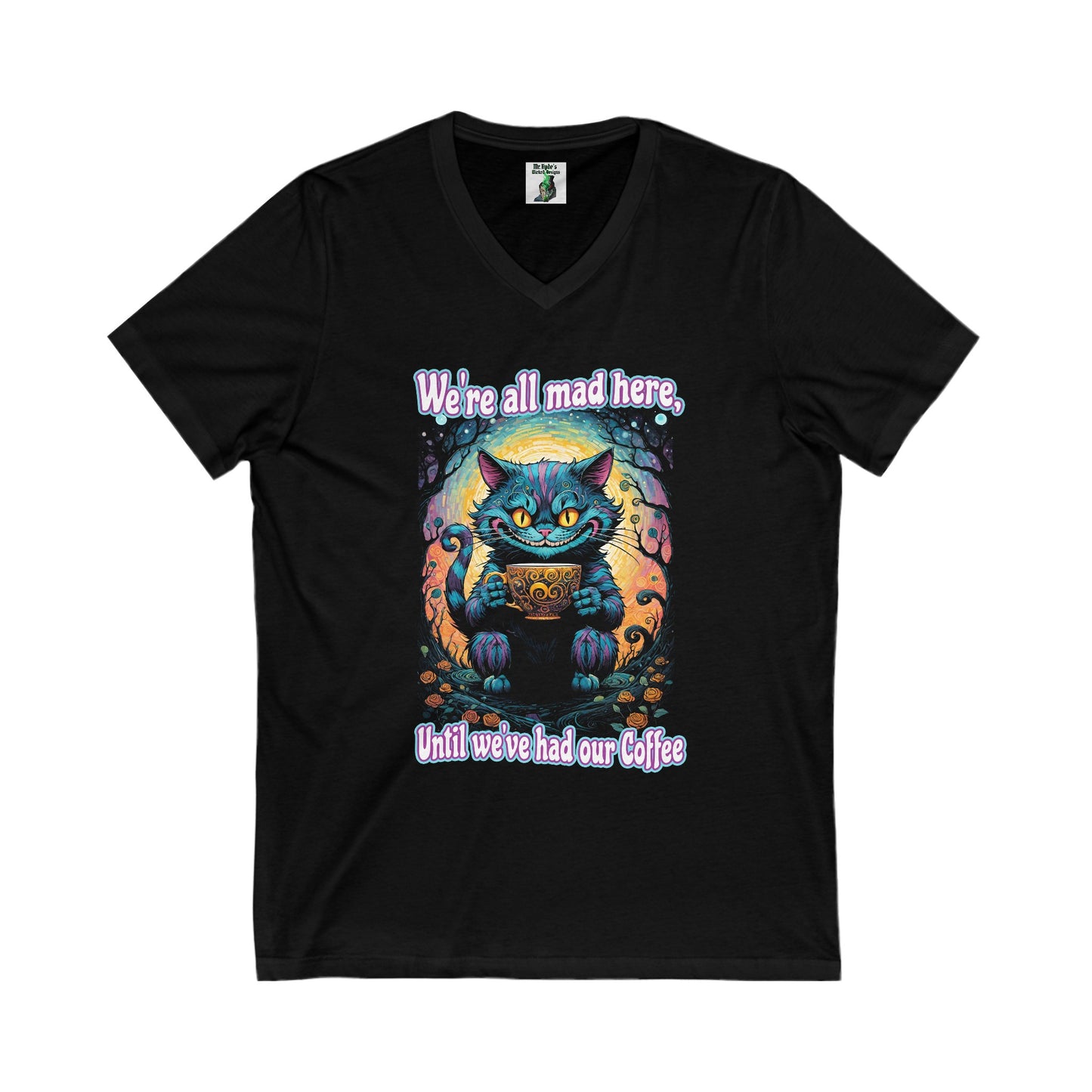 This colorful Cheshire Cat Sweatshirt looks awesome on black. This stylish V Neck T-shirt is a black half-tone. The black ink is negative space letting the fabric shine through. Get this enchanting Cheshire Cat Bella Canvas V Neck T-shirt.