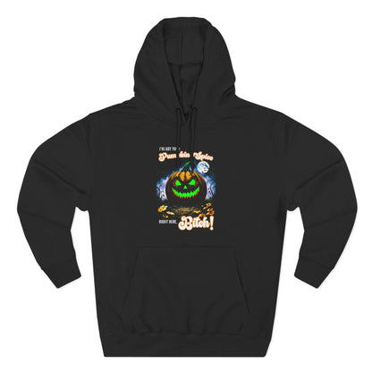 Halloween Three-Panel Fleece Hoodie, Spooky Jack-O'-Lantern & Pumpkin Spice, Festive Fall Apparel, Funny Unisex Sweatshirt, Cozy Seasonal