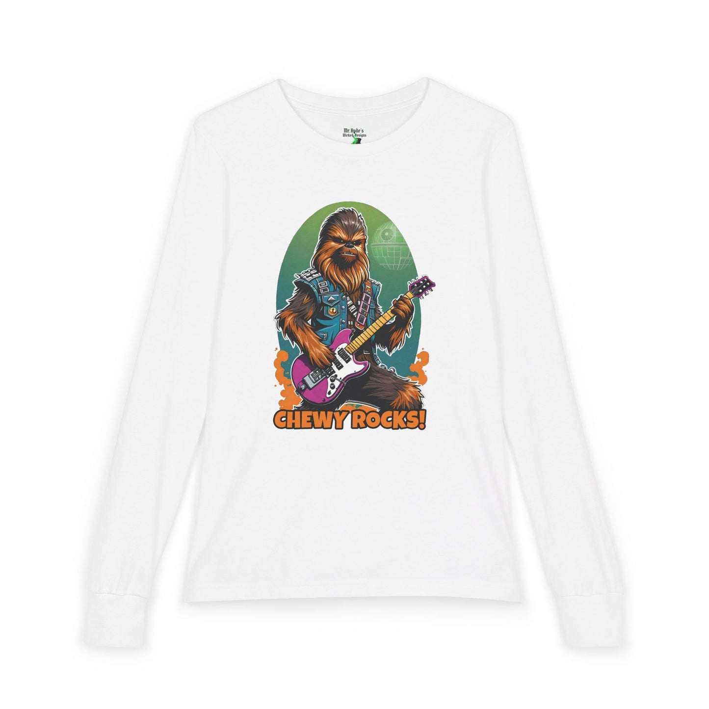 Chewy Rocks Youth Long Sleeve Tee — 'Chewy Rocks!' Guitar Wookie Graphic