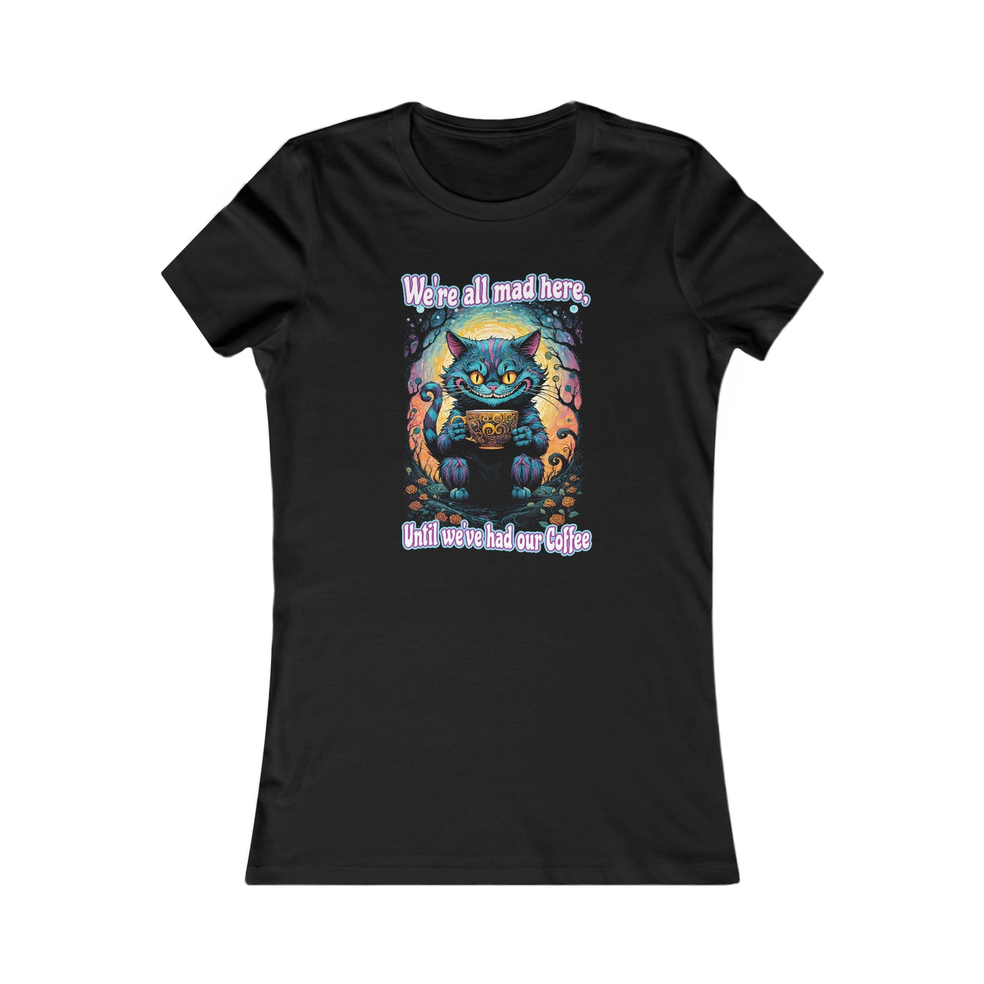 This colorful Cheshire Cat Sweatshirt looks awesome on black. This Bella Canvas T-shirt is a black half-tone. The black ink is negative space letting the fabric shine through. Get this enchanting Cheshire Cat Women's Bella Canvas T-shirt.