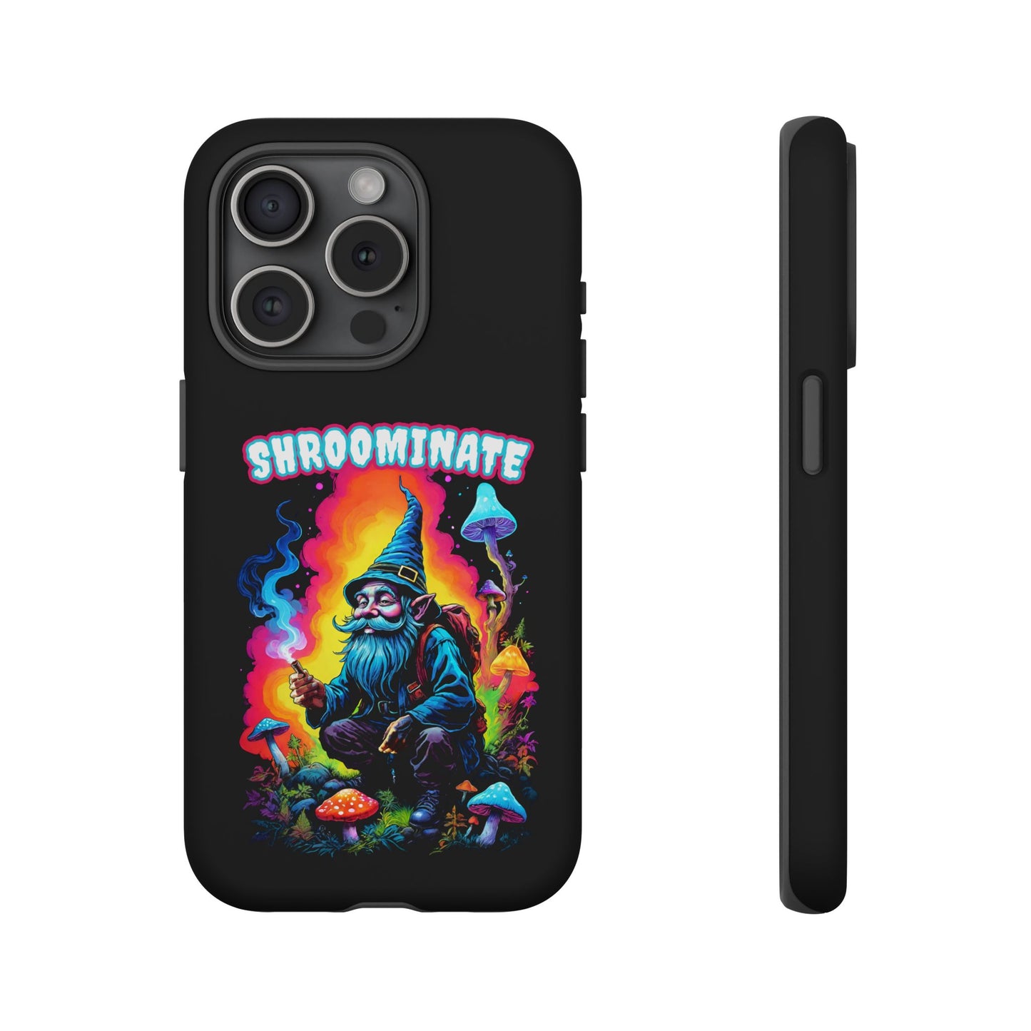 Trippy Neon Gnome Rugged Cell Phone case, 'Shroominate' Graphic design, Fantasy Cell Phone Case, Quirky Mushroom Design, Rugged Tough Cases