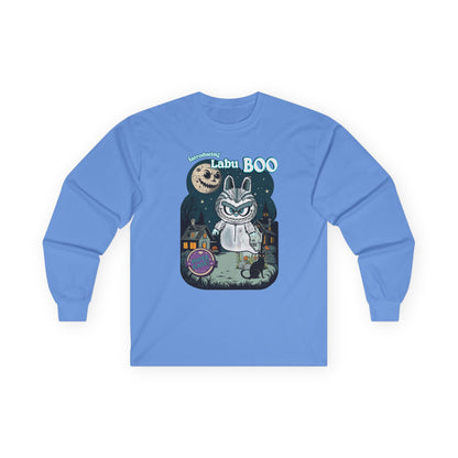 Labu Boo Unisex Tee, Halloween Cartoon Style Shirt, Spooky Labubu Artwork, Vintage Ghost Graphic Shirt, Unique Costume Tee, Quirky Long
