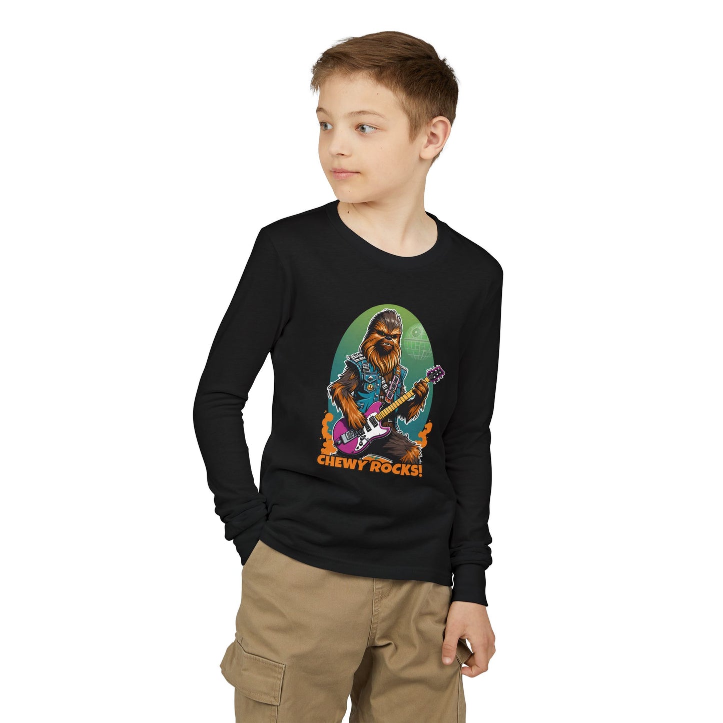 Chewy Rocks Youth Long Sleeve Tee — 'Chewy Rocks!' Guitar Wookie Graphic