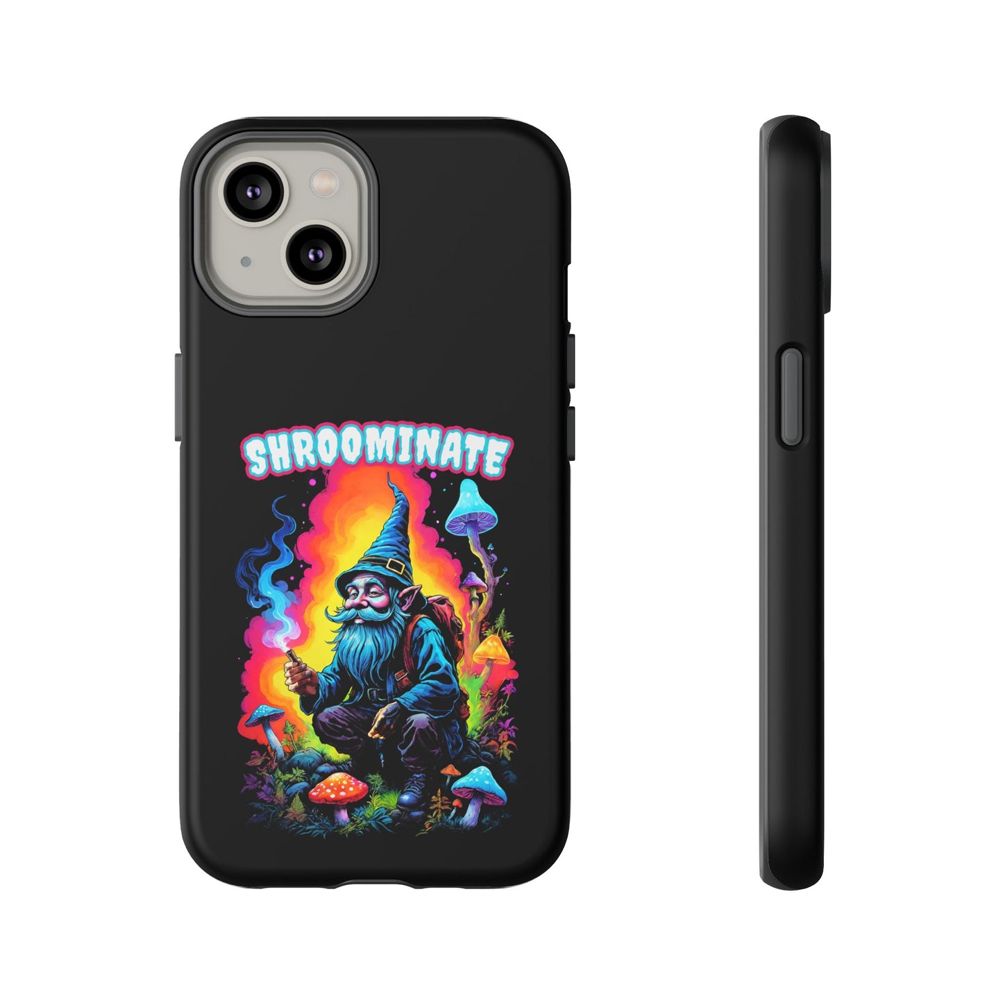 Trippy Neon Gnome Rugged Cell Phone case, 'Shroominate' Graphic design, Fantasy Cell Phone Case, Quirky Mushroom Design, Rugged Tough Cases