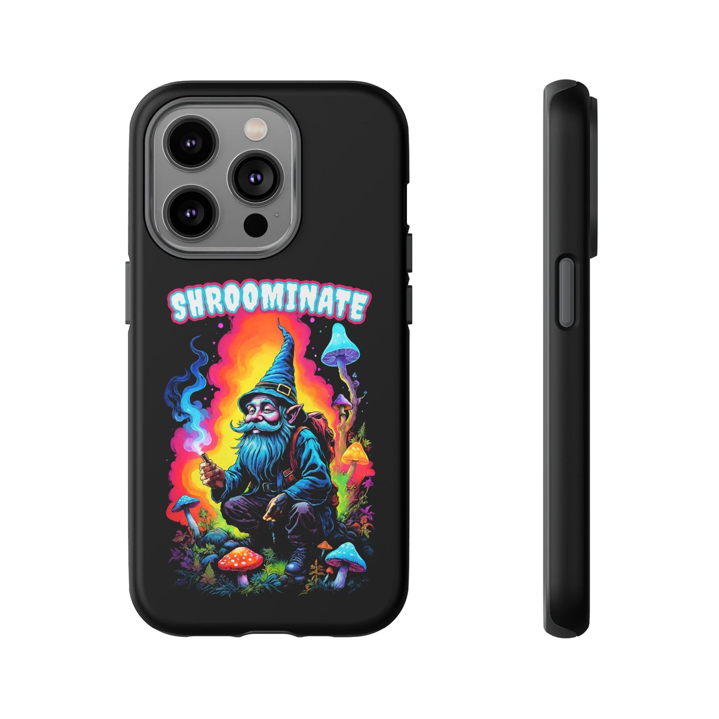 Trippy Neon Gnome Rugged Cell Phone case, 'Shroominate' Graphic design, Fantasy Cell Phone Case, Quirky Mushroom Design, Rugged Tough Cases