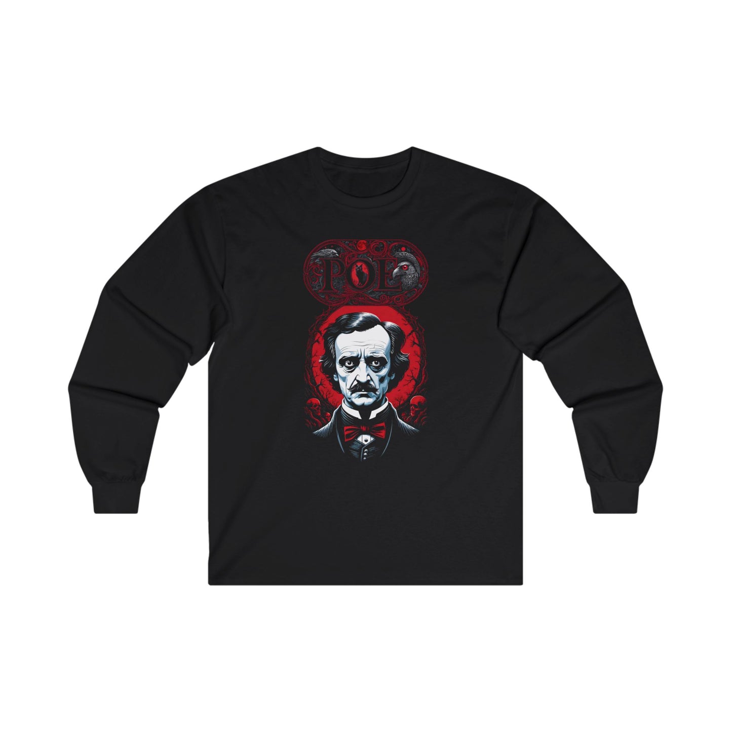 Edgar Allen Poe Gothic Long Sleeve Tee, Black Cat Raven Skulls Design, Poe Fans Shirt, Red Halftone Soft Style Tee