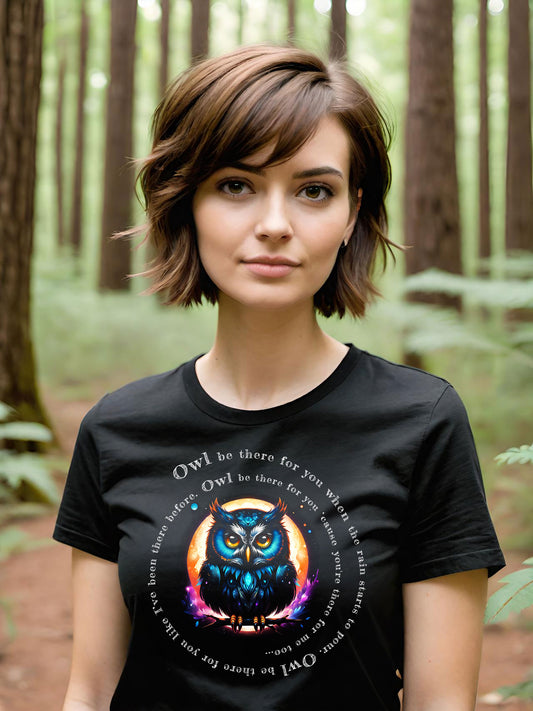 You are going to love this whimsical Owl Friends  Unisex T-shirts. This memorable Owl T-shirt features the Lyrics from the TV show "Friends". This picture depicts a lady wearing a Black Bella Canvas  t-shirt featuring this wonderful design.