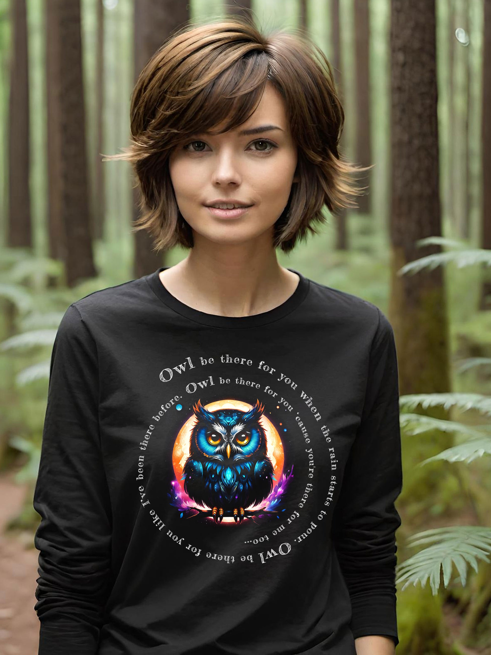 You are going to love this whimsical Owl Friends  Ladies Long Sleeve T-shirts. This memorable Owl T-shirt features the Lyrics from the TV show "Friends". This picture depicts a Lady wearing a Long Sleeve t-shirt featuring this wonderful design.