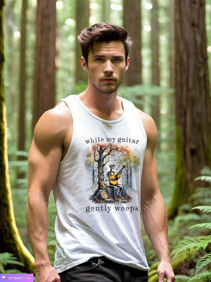 This gothic skeleton Tank Top Tee featuring a grisly guitarist jamming on an acoustic guitar in a haunting watercolor forest is a stunning tongue-in-cheek homage to the Beatles music. This hip dude looks great in this Gildan unisex jersey tank top tee.