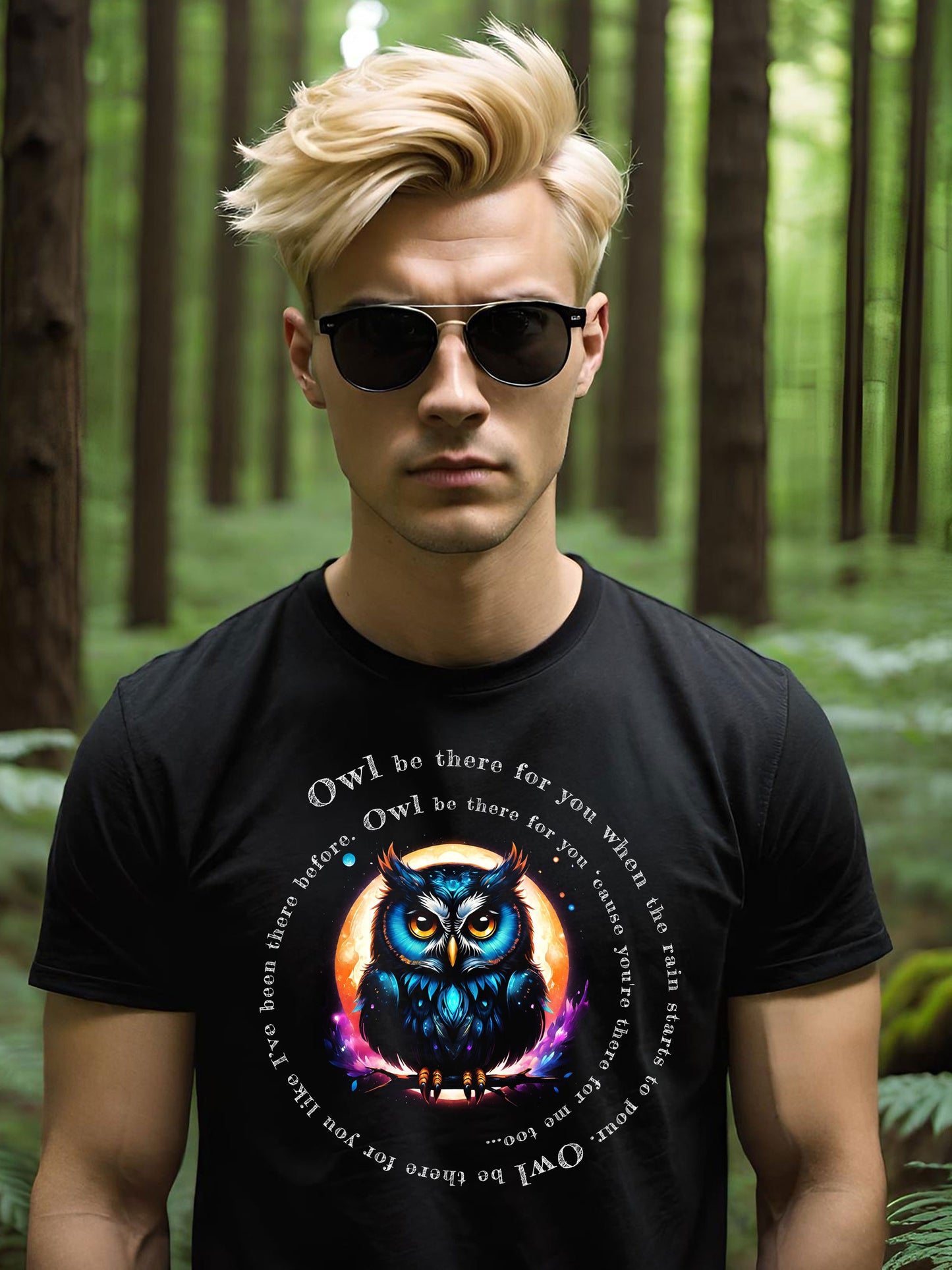 You are going to love this whimsical Owl Friends  Ladies Unisex T-shirts. This memorable Owl T-shirt features the Lyrics from the TV show "Friends". This picture depicts a guy wearing a Unisex t-shirt featuring this wonderful design.