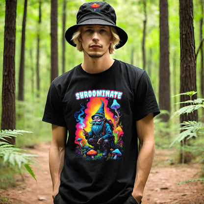 Trippy Neon Gnome Tee, 'Shroominate' Graphic T-Shirt, Fantasy Shirt, Colorful Festival Top, Quirky Mushroom Design, Unisex Heavy Cotton Tee