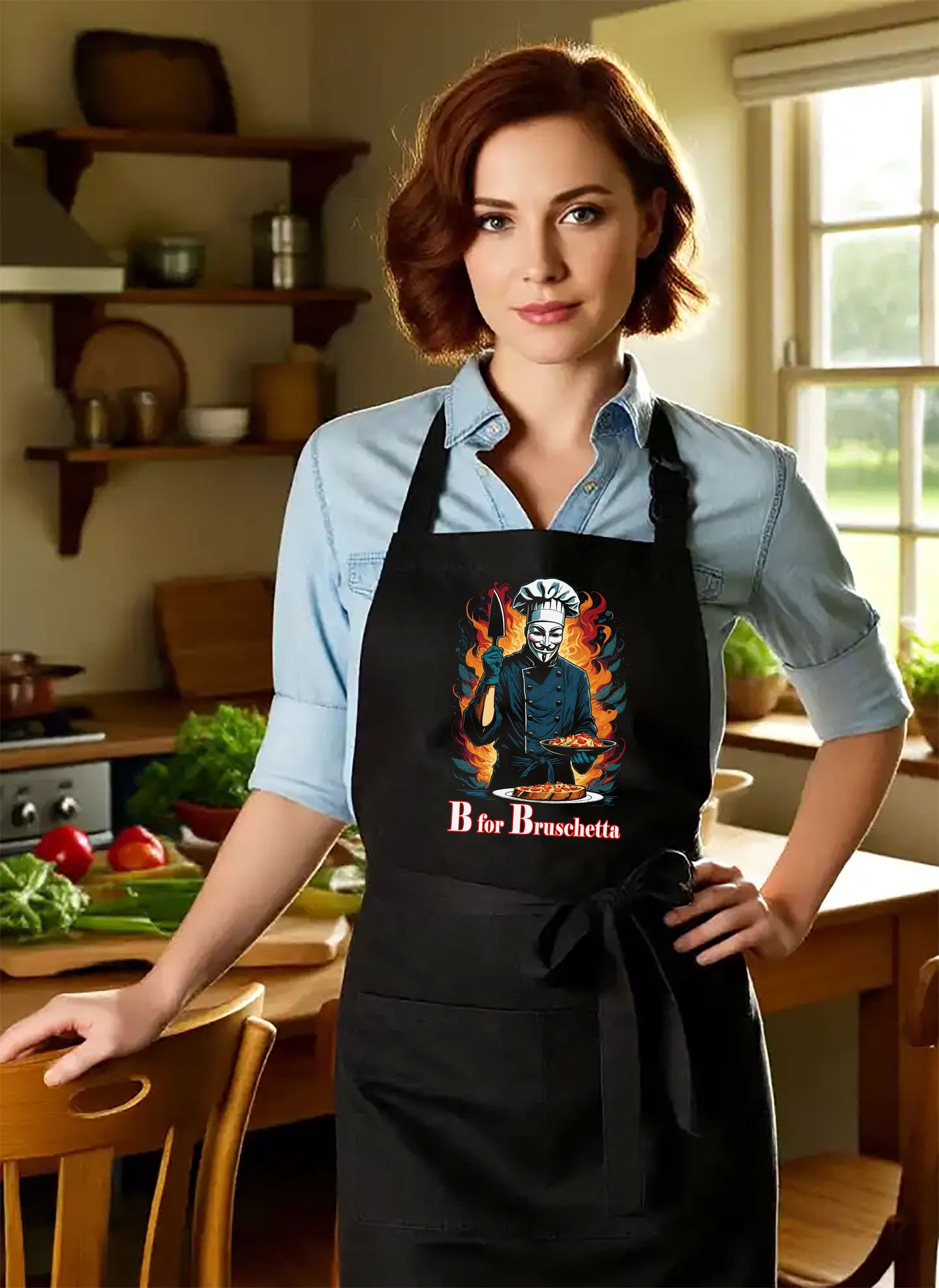 Apron, V for Vendetta Parody Design, Foodie Twist, Nerdy Friends Gift, Dinner Party Attire, Movie-Themed Gathering, Geek Culture Fan Apron