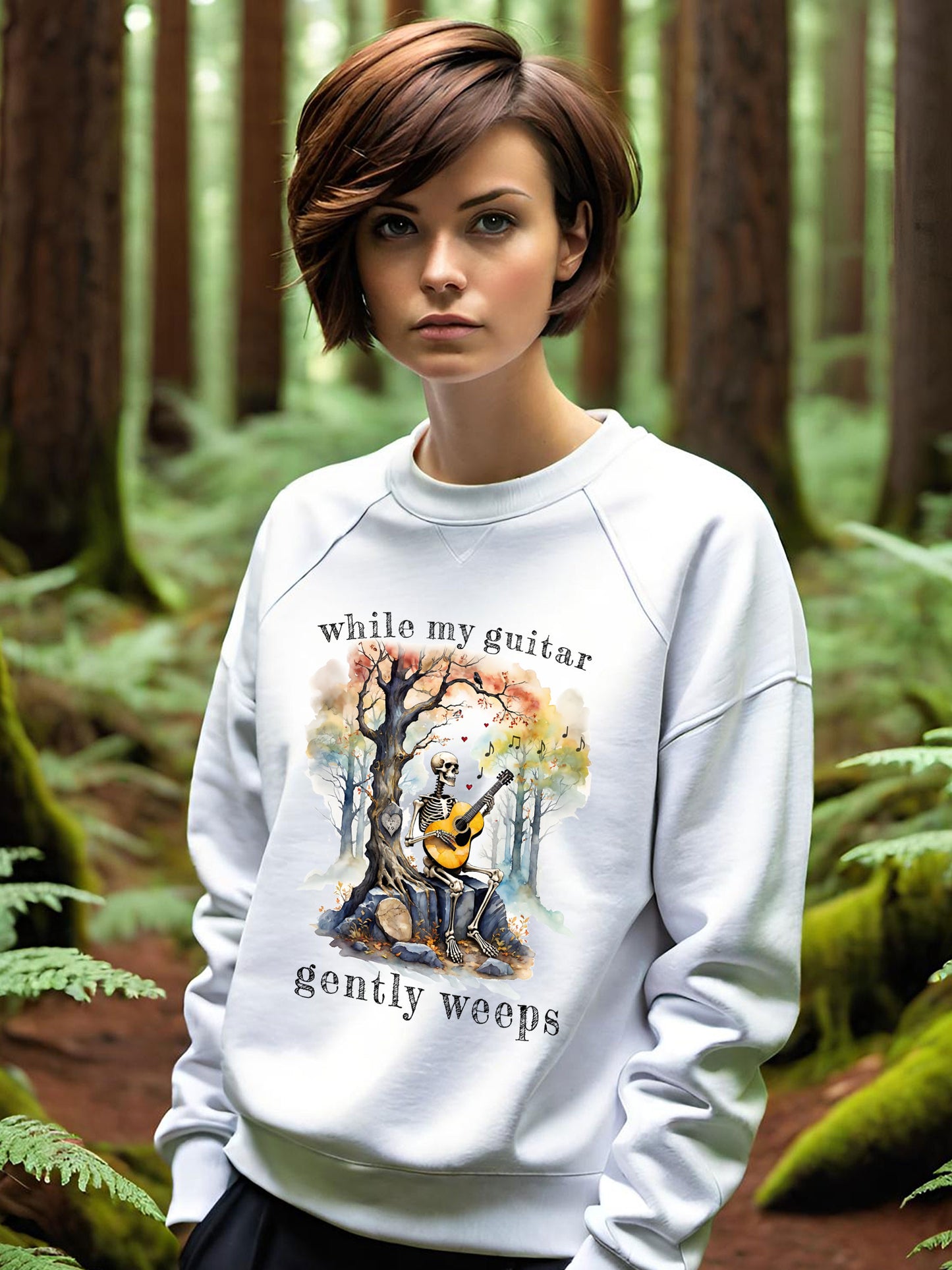 This gothic skeleton sweatshirt featuring a grisly guitarist jamming on an acoustic guitar in a haunting watercolor forest is a stunning tongue-in-cheek homage to the Beatles music. This stylish lady looks great in this Gildan unisex heavy cotton sweatshirt