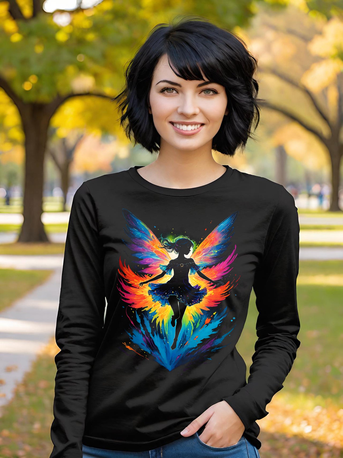 This stunning Fairy long sleeve t-shirt is sure to delight any fan of fairies, fantasy, and magic. This magical fairy tank top is a super light design with all of the black ink removed making the design super light and soft on an all cotton Women's Long Sleeve T-shirt