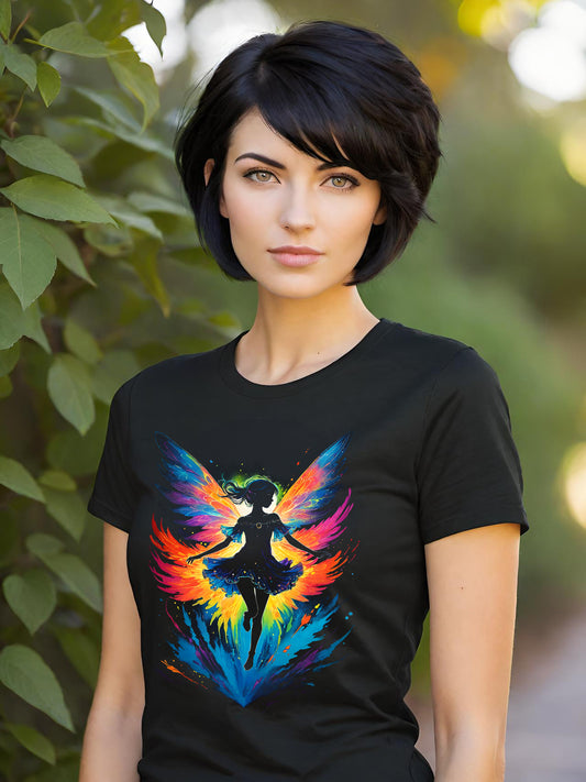 This stunning Fairy t-shirt is sure to delight any fan of fairies, fantasy, and magic. This magical fairy t-shirt is a super light design with all of the black ink removed making the design super light and soft on an all cotton Gildan Unisex t-shirt.