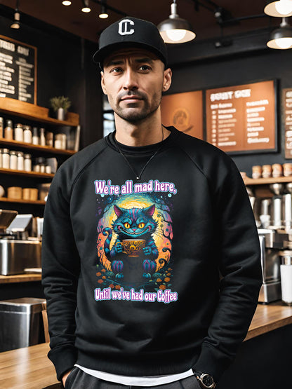 This colorful Cheshire Cat Sweatshirt looks awesome on black. This Unisex Sweatshirt is a black half-tone. The black ink is negative space letting the fabric shine through. Get this enchanting Cheshire Cat Unisex Cotton Sweatshirt.