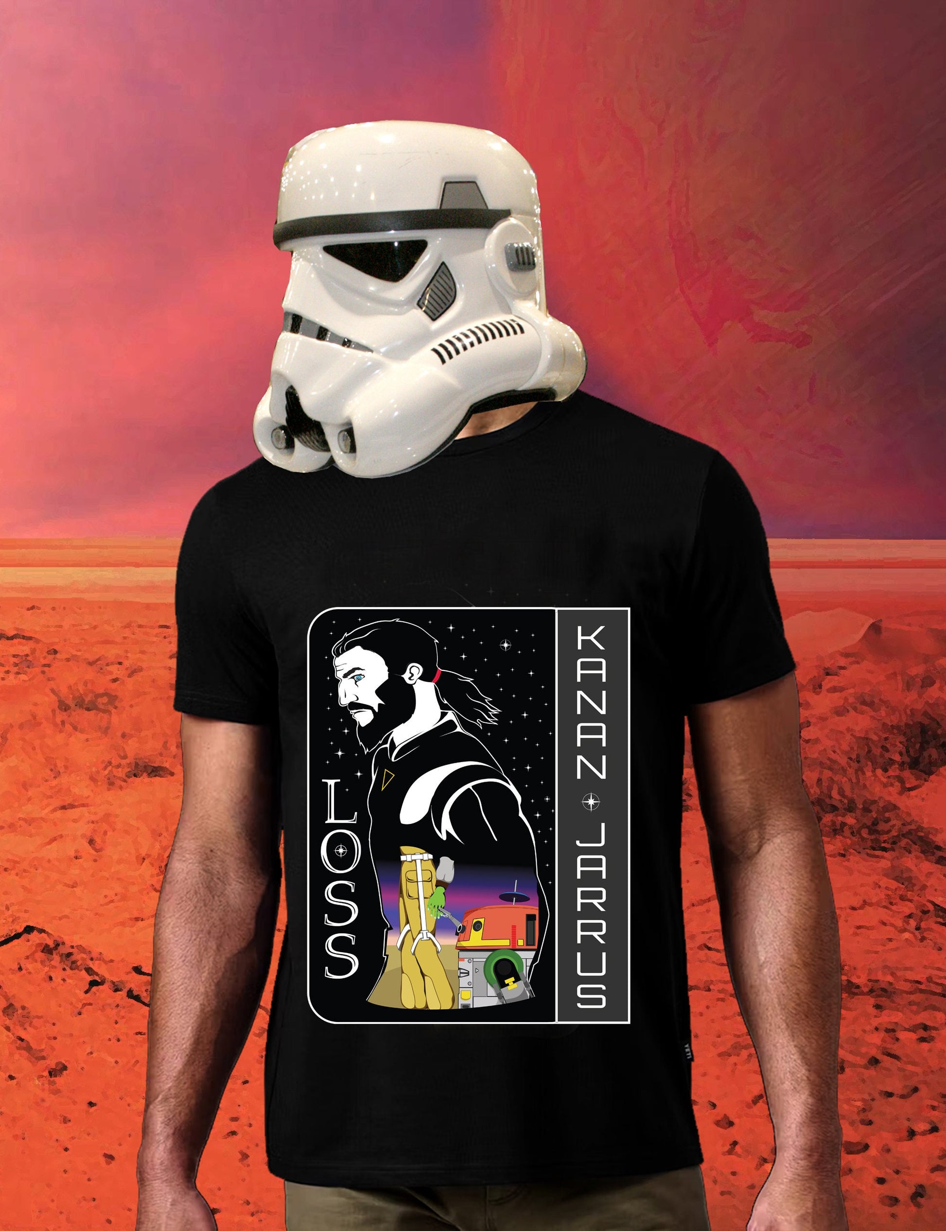 Kanan Jarrus T-shirt, Rebels inspired t-shirt, Kanan and Hera T-shirt, Chopper T-shirt, Star Wars themed t-shirt, 100% cotton shirt. This t-shirt depicts Kanan Jarrus as a force ghost looking down on Hera and Chopper as they mourn his passing.