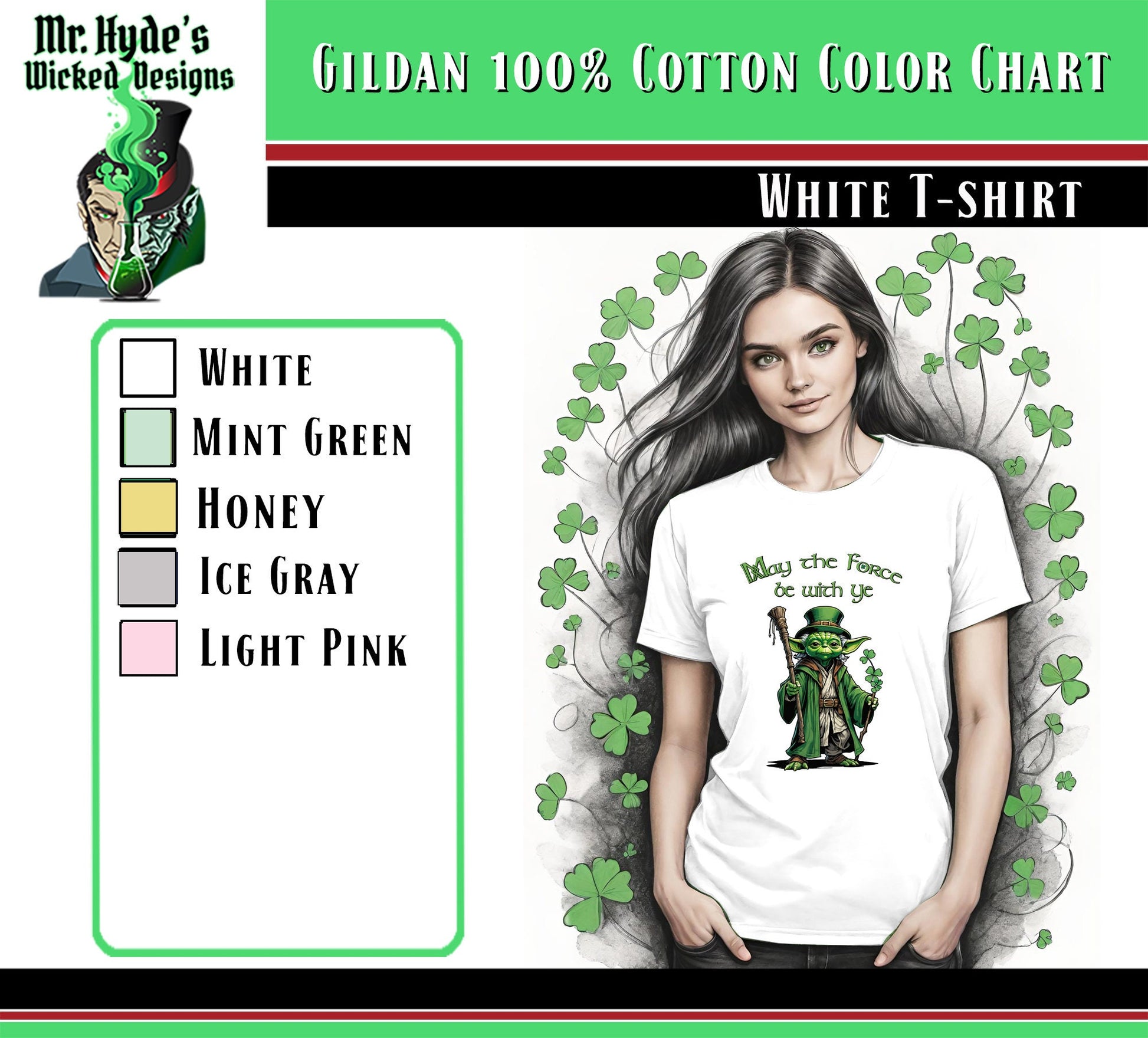 Get this whimsical Star Wars holiday t-shirt for St. Patricks Day in white on soft all cotton t-shirts. Buy this Star Wars womens t-shirt for your self or as a gift for the Star Wars princess in your life.