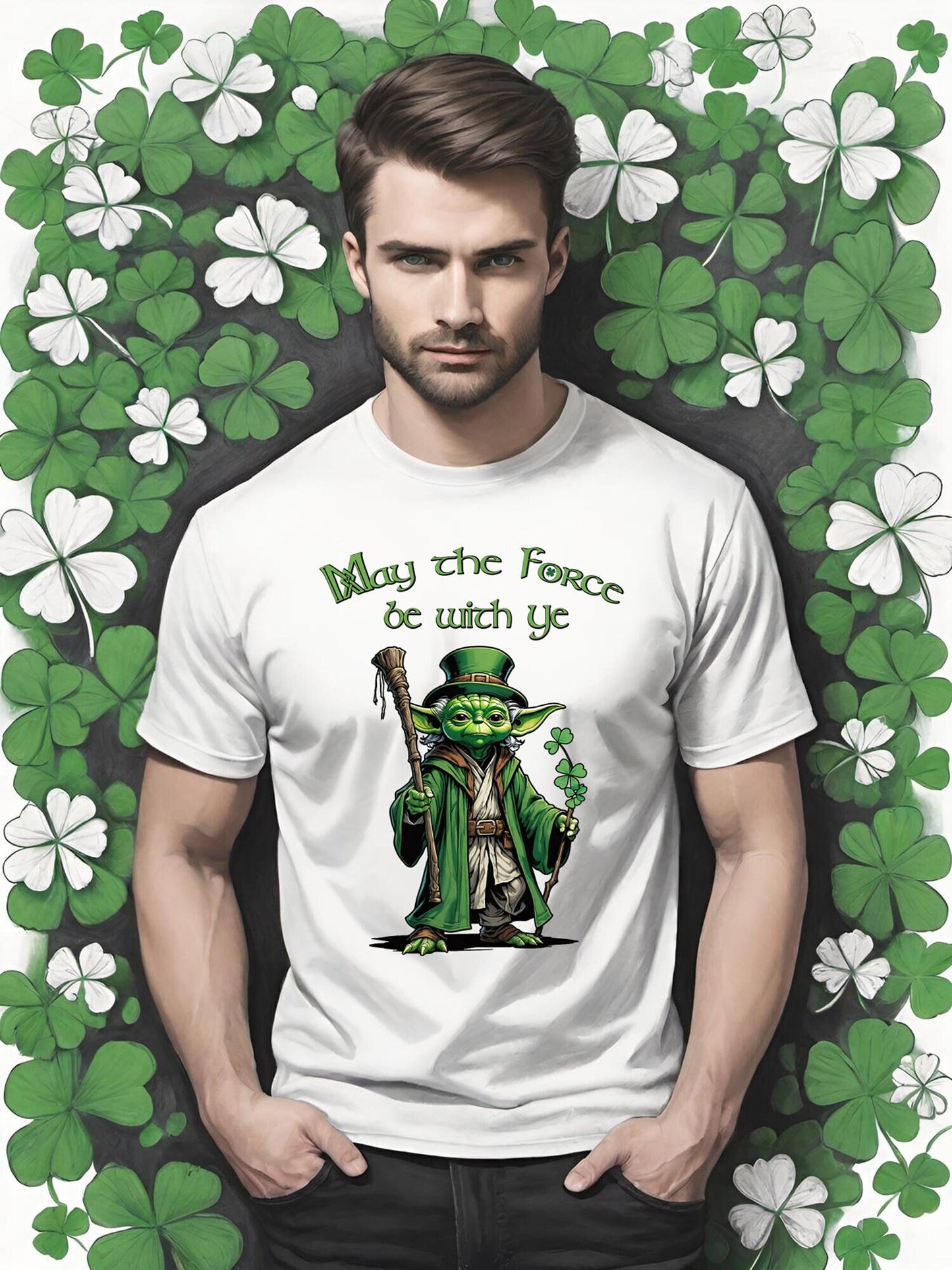 May the Force be with Ye is what Yoda might say if he were a Leprechaun. That is exactly what this Star Wars Holiday T-shirt depicts.  This whimsical St. Patricks Day shirt will make you the talk of the town on St, Pattys day.