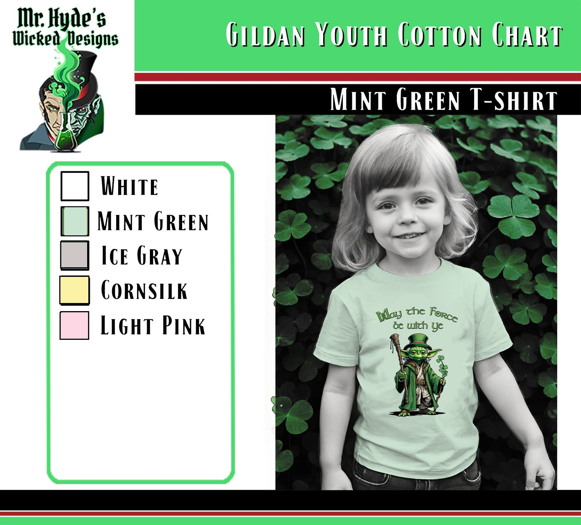 Get this whimsical Star Wars holiday t-shirt for St. Patricks Day in mint green on soft all cotton t-shirts. Buy this Star Wars youth t-shirt for your self or as a gift for the Jedi in your life.