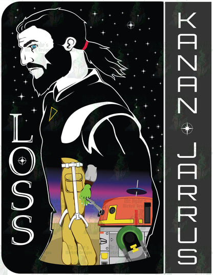 This t-shirt is called Loss in memory of Kanan Jarrus. This t-shirt depicts Kanan Jarrus as a force ghost looking down on Hera and Chopper as they mourn his passing.