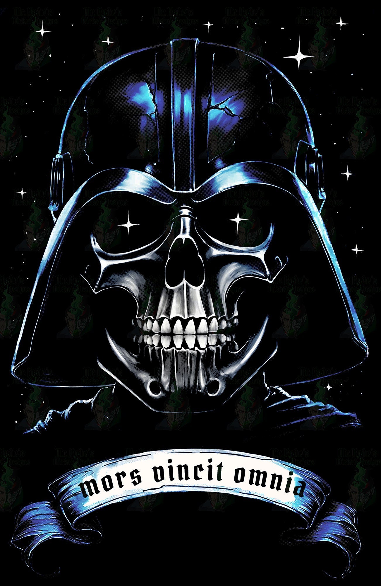 This Star Wars T-shirt is so cool. Vader is captured in a grisly mask of death. This Darth Vader shirt has a skull motif. This design is a halftoned with all the black removed so the design is incredibly light