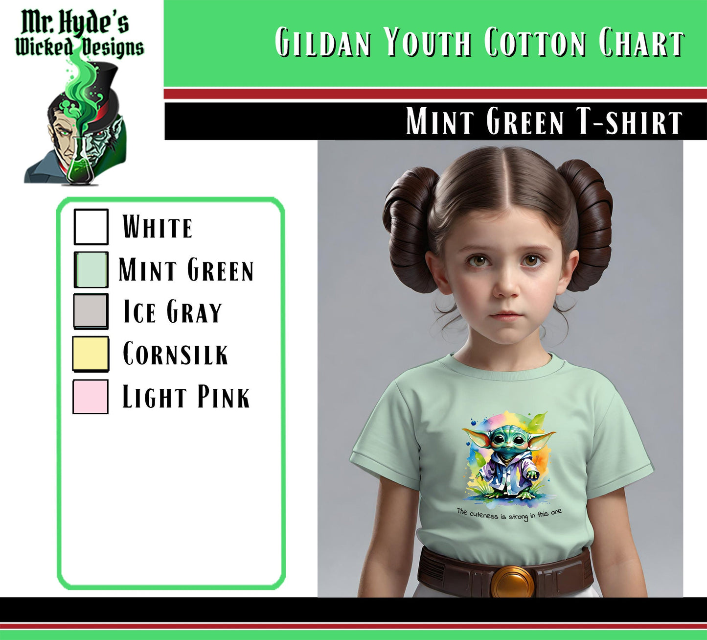 The cuteness is strong in this one? Also in this adorable Grogu T-shirt. Available in Mint Green soft cotton Tees.