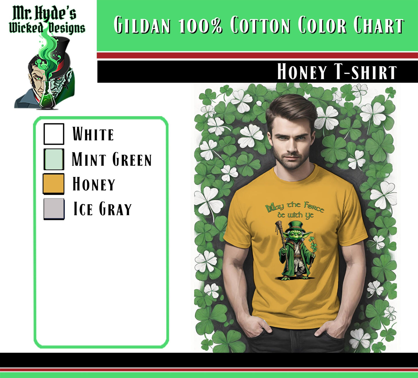 Get this whimsical Star Wars holiday t-shirt for St. Patricks Day in Honey Yellow on soft all cotton t-shirts. Buy this Star Wars mens t-shirt for your self or as a gift for the Jedi in your life.