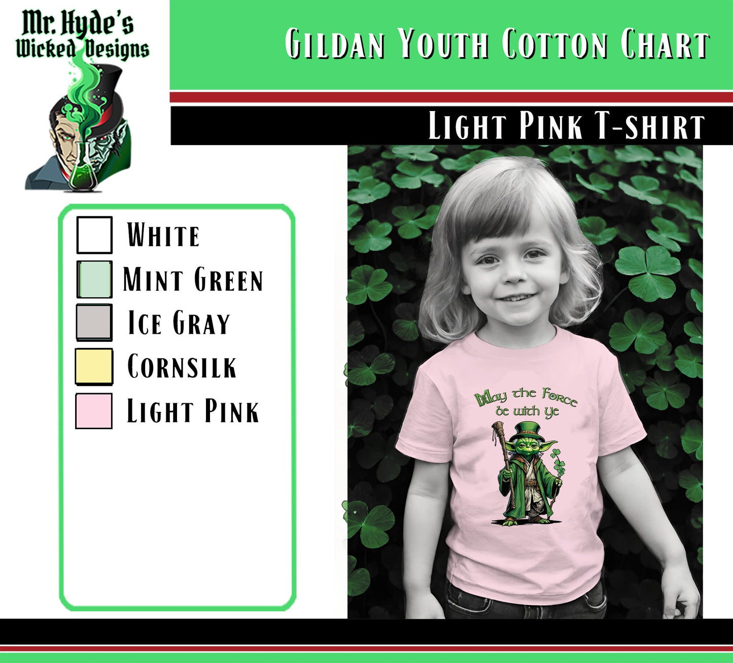 Get this whimsical Star Wars holiday t-shirt for St. Patricks Day in light pink on soft all cotton t-shirts. Buy this Star Wars youth t-shirt for your self or as a gift for the Jedi in your life.