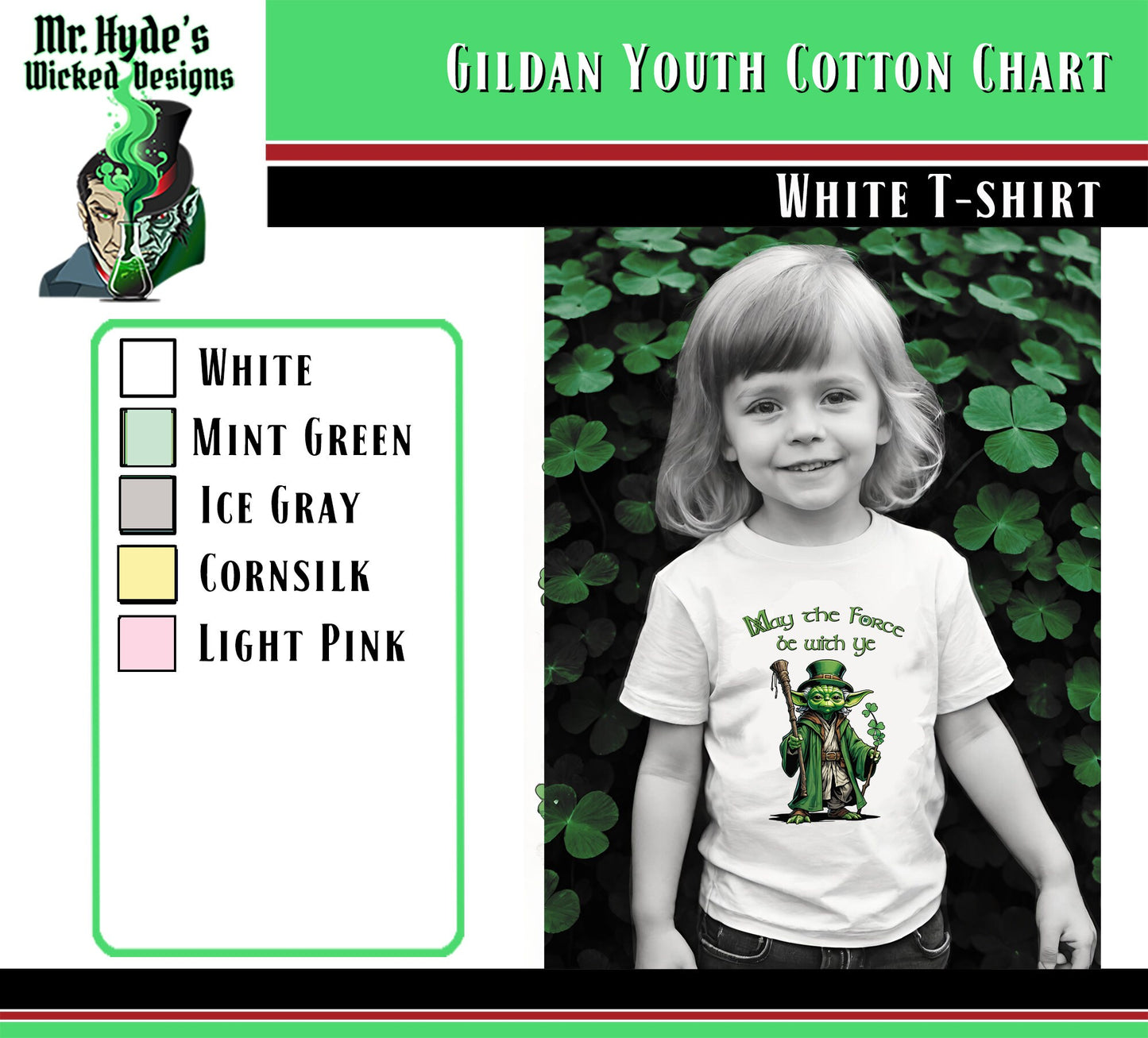 Get this whimsical Star Wars holiday t-shirt for St. Patricks Day in brilliant white on soft all cotton t-shirts. Buy this Star Wars youth t-shirt for your self or as a gift for the Jedi in your life.