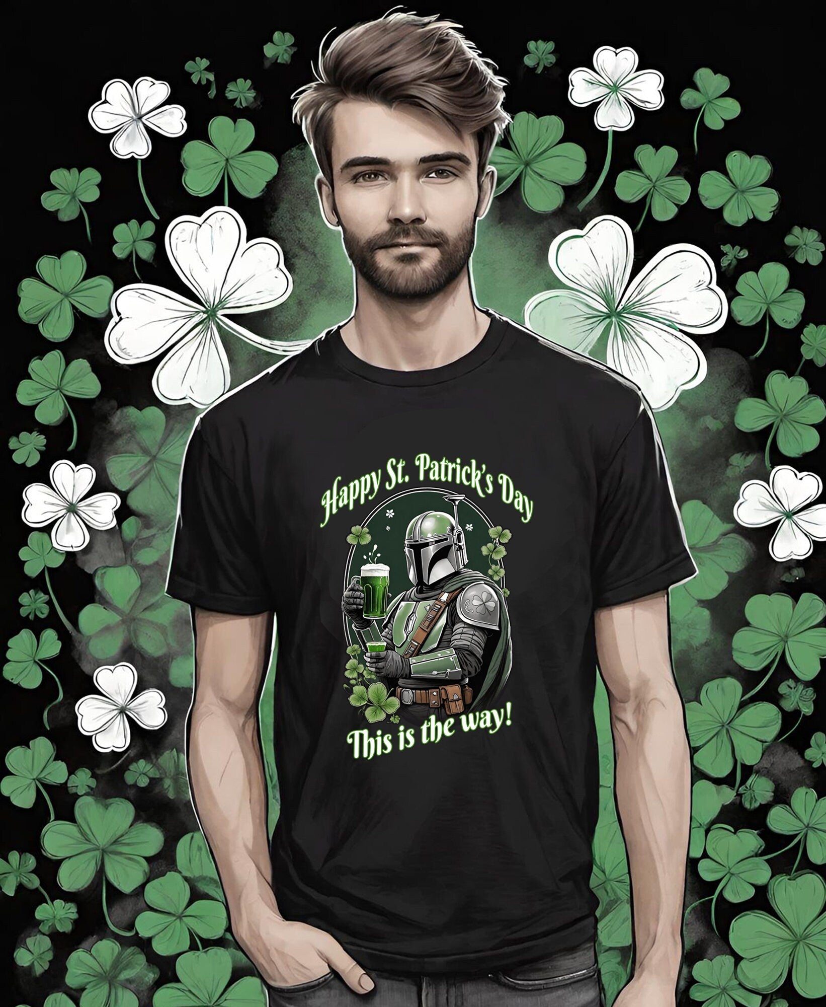 Dank Ferric is that a cool Mandalorian t-shirt just in time for St. Patricks Day. This awesome Star Wars holiday T-shirt is sure to be a favorite of Mandalorian Fans, St Patricks Day fans and fans of drinking beer until your seeing Green Mandalorians